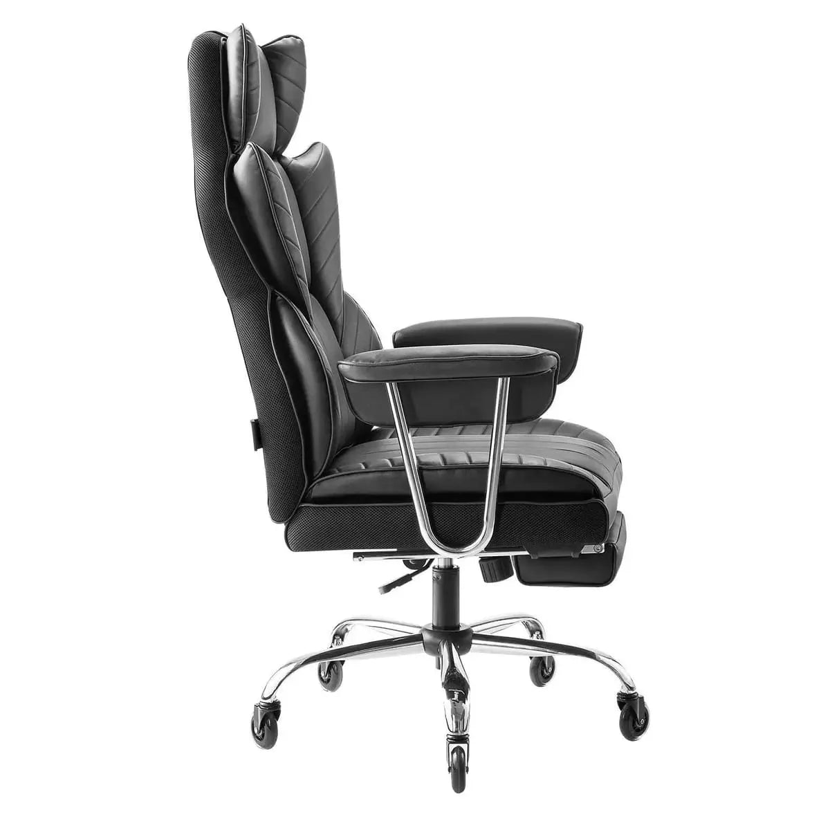 Black heavy-duty reclining office chair by Platinum-Level Office Chairs, supports 400lb with footrest and lumbar support.