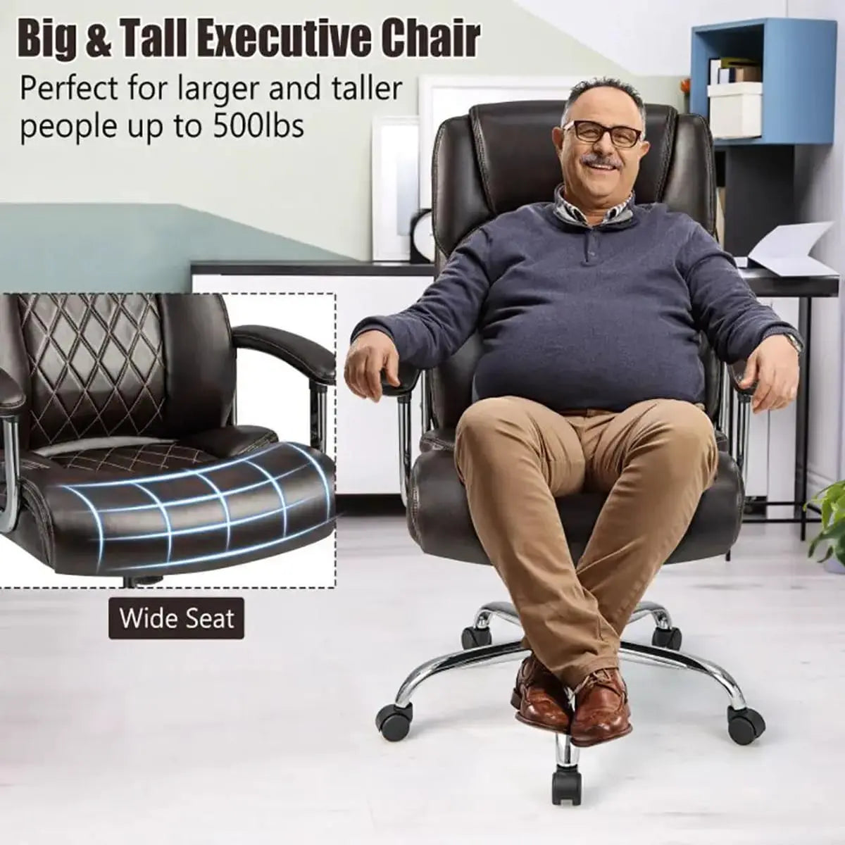 Heavy-duty big and tall office chair by Platinum-Level Office Chairs, brown ergonomic desk seat supporting up to 500 lbs.