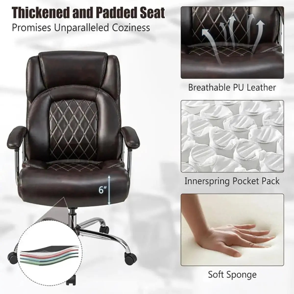 Heavy-duty brown big and tall office chair by Platinum-Level Office Chairs, ergonomic design, supports up to 500lbs.