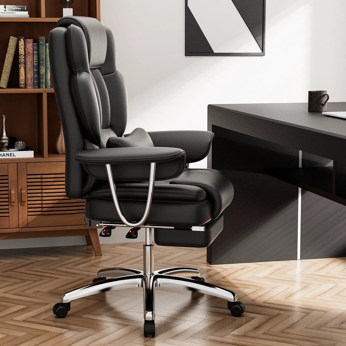 Big and tall ergonomic office chair with footrest in genuine leather by Platinum-Level Office Chairs, featuring adjustable height and support.
