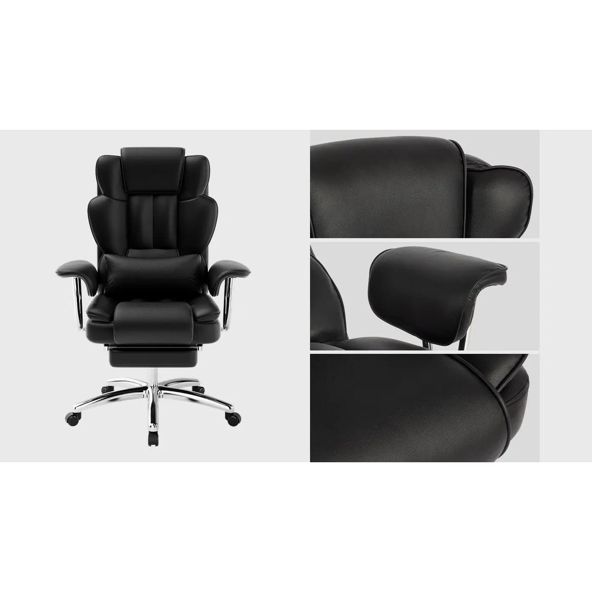Big and tall ergonomic office chair with footrest, genuine leather upholstery, by Platinum-Level Office Chairs.