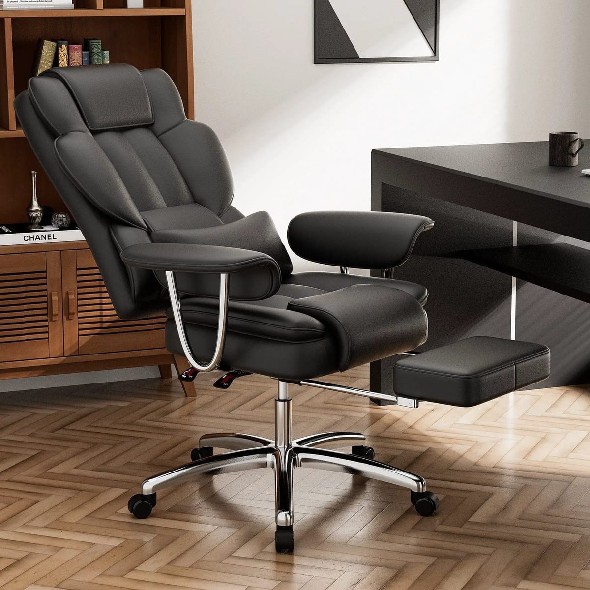 Big and tall ergonomic office chair with footrest, genuine leather, by Platinum-Level Office Chairs, designed for comfort and support.