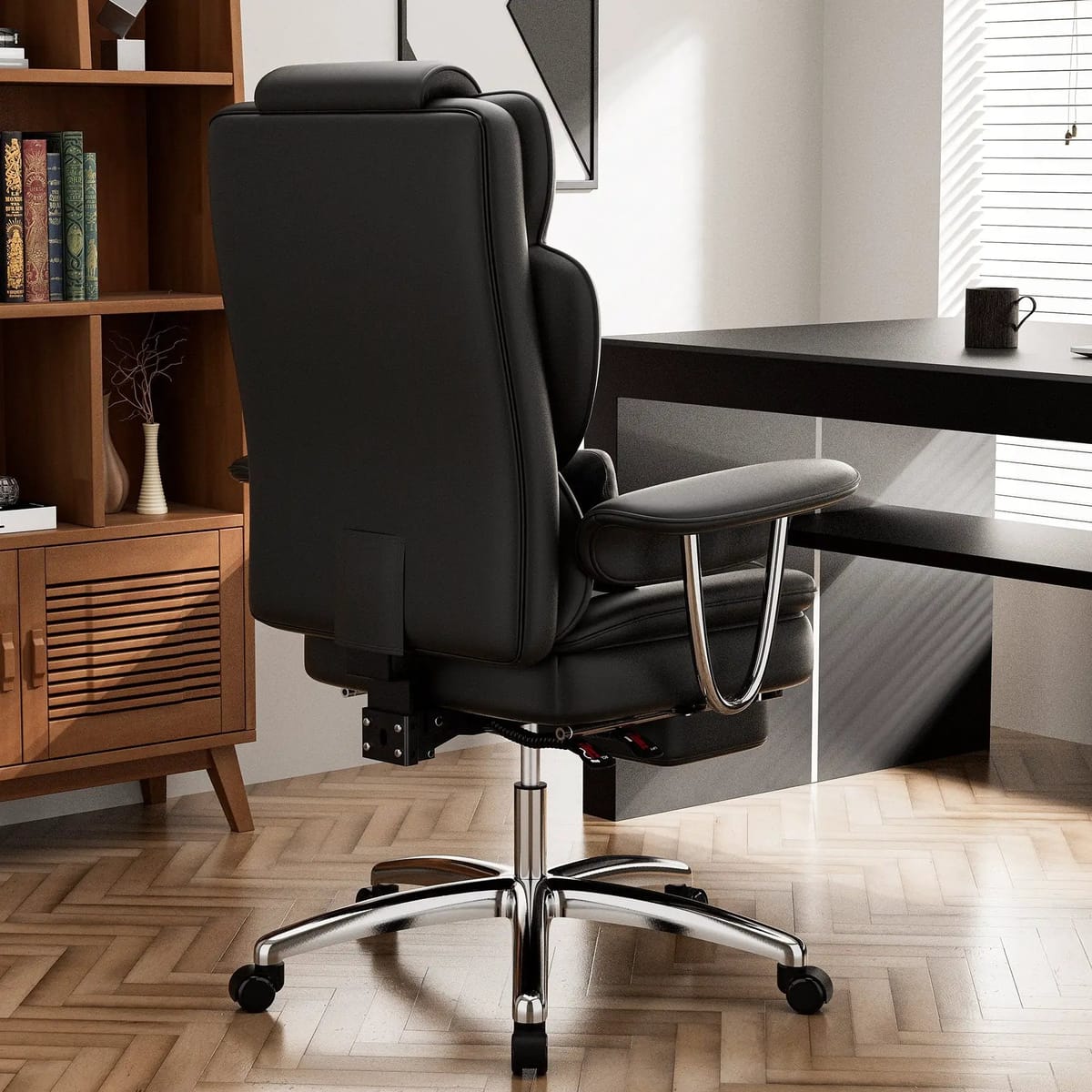 Big and tall ergonomic office chair with footrest in genuine leather by Platinum-Level Office Chairs, featuring adjustable height and support.