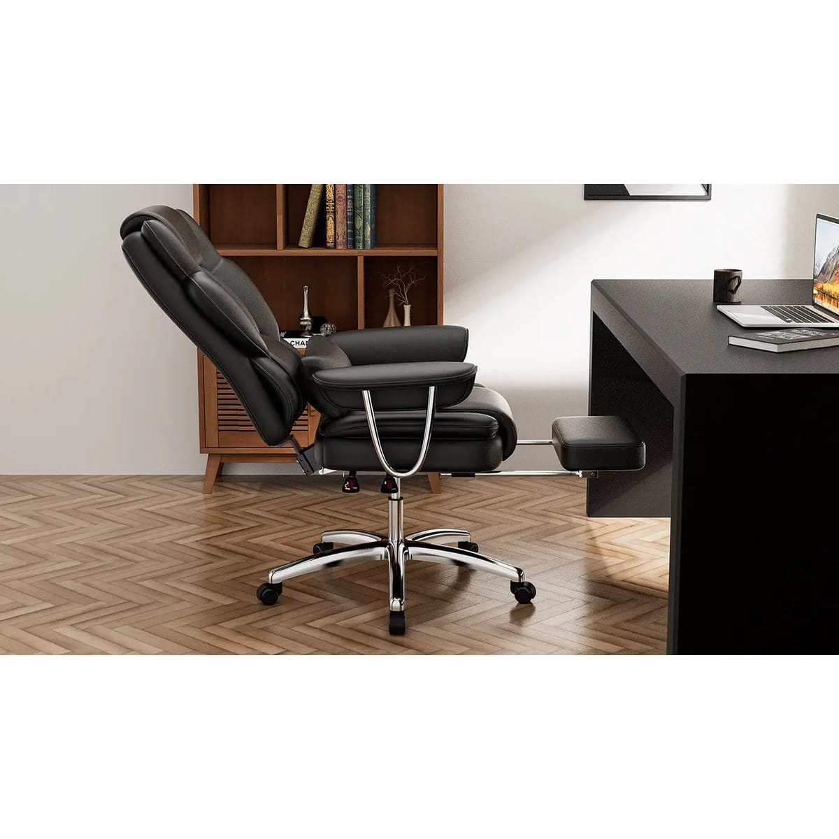 Big and tall ergonomic office chair by Platinum-Level with genuine leather, adjustable footrest, and supportive design.