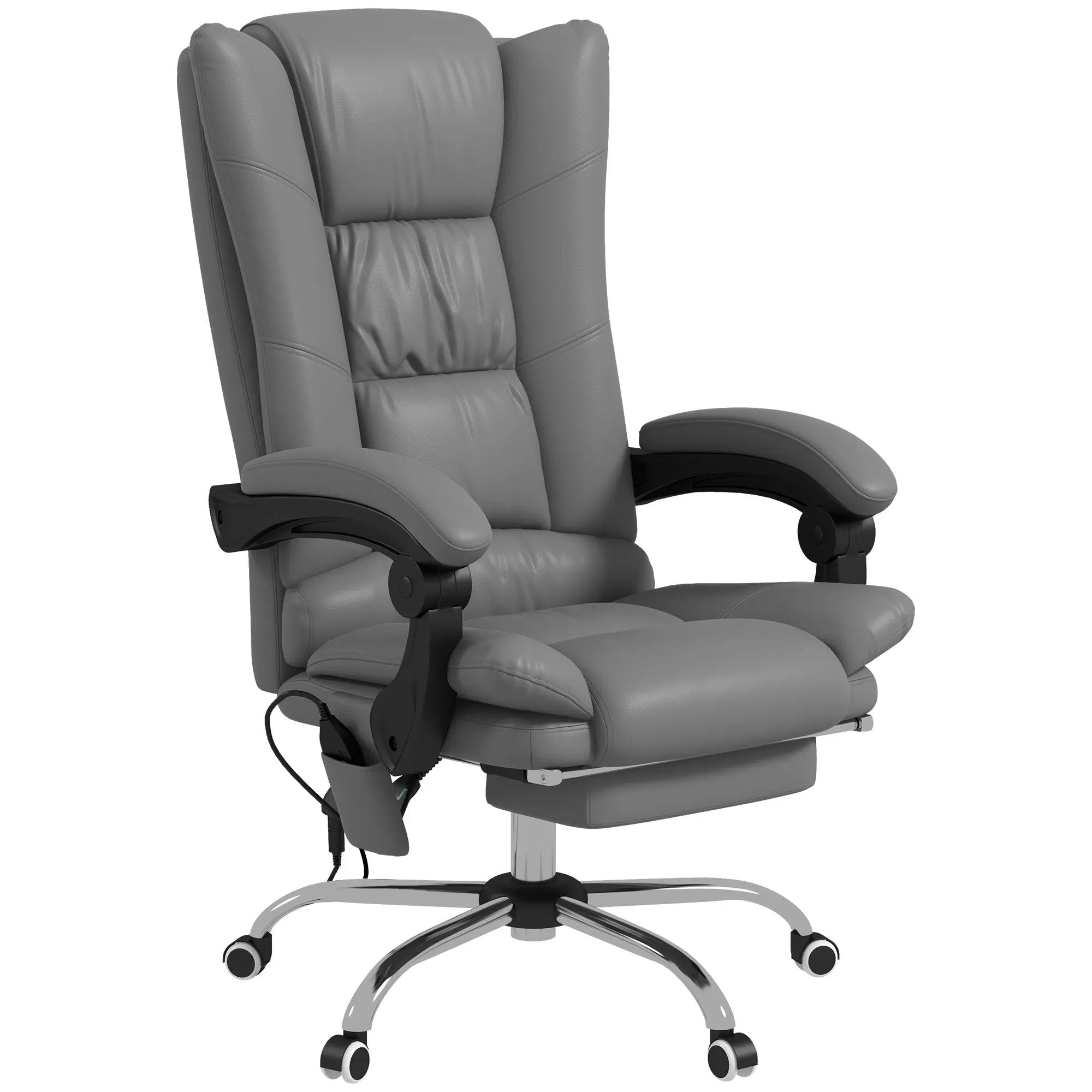 Gray big and tall executive massage office chair with heated recline, featuring ergonomic design and plush cushioning.