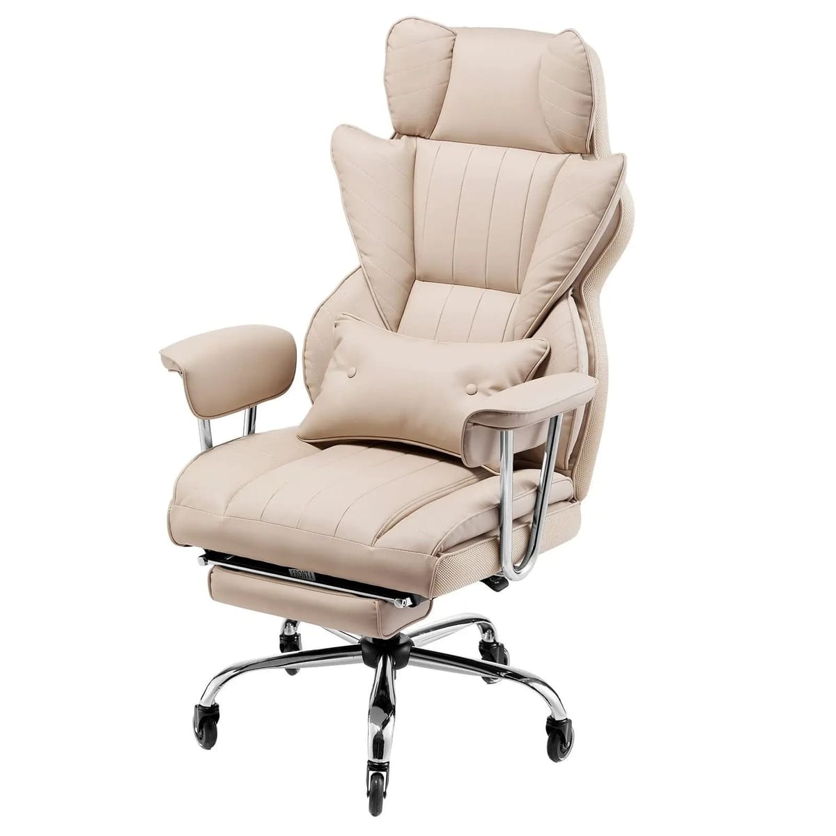 Big and tall ergonomic office chair by Platinum-Level Office Chairs with footrest, lumbar support, and khaki upholstery.