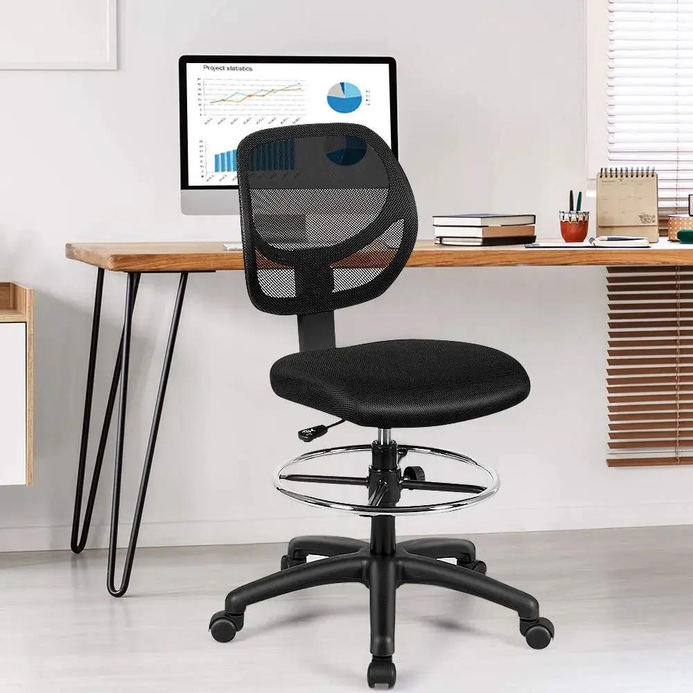 Black ergonomic mesh drafting chair from Platinum-Level Office Chairs with adjustable height and supportive backrest.
