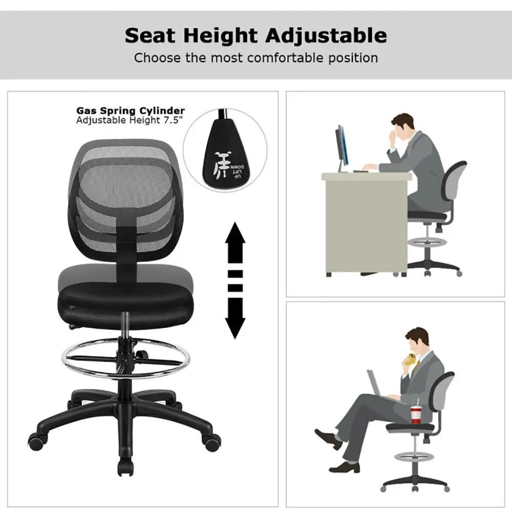 Black ergonomic mesh drafting chair by Platinum-Level Office Chairs with adjustable height and supportive design.