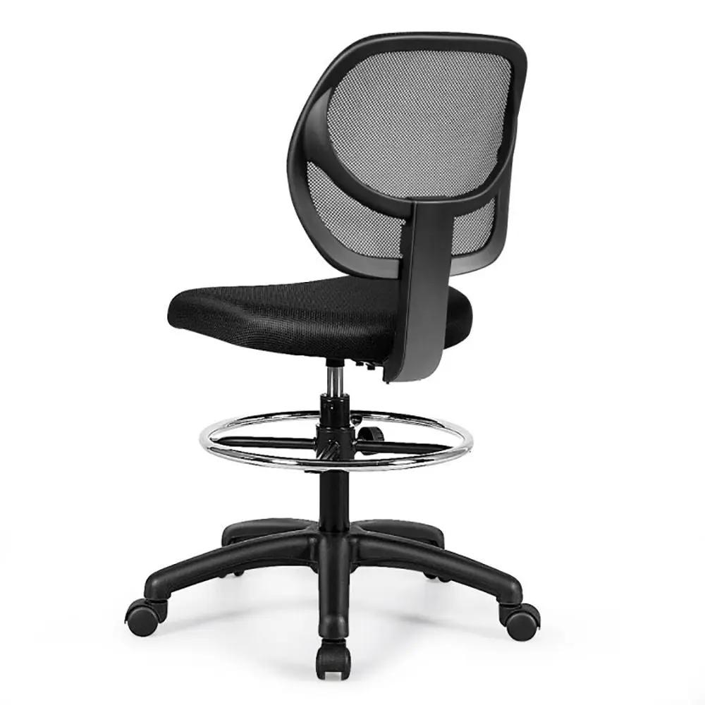 Black ergonomic mesh drafting chair by Platinum-Level Office Chairs with adjustable height and supportive design for comfortable seating.