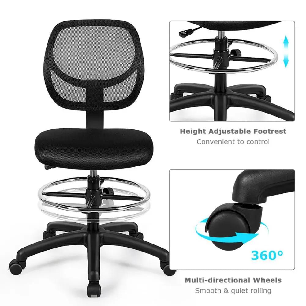 Black ergonomic mesh drafting chair by Platinum-Level Office Chairs with lumbar support, adjustable height, and footrest for comfort.