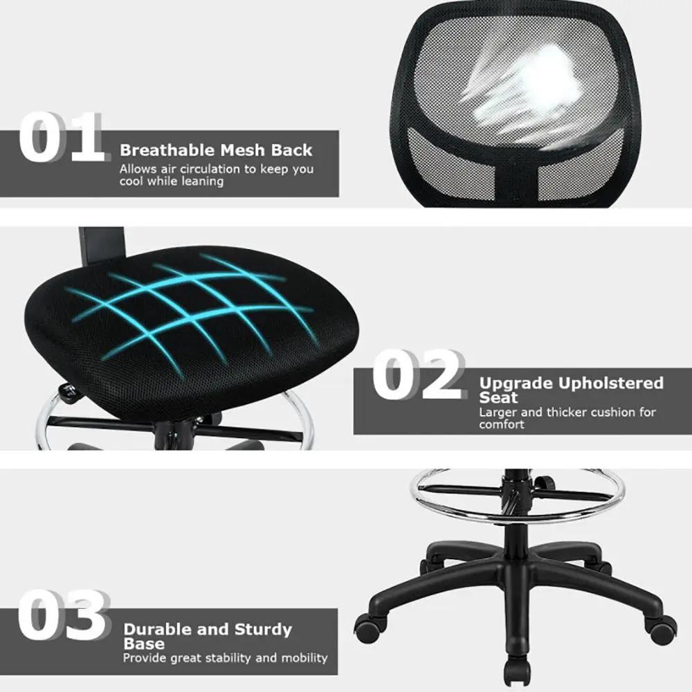 Black ergonomic mesh drafting chair by Platinum-Level Office Chairs with lumbar support, adjustable height, and footrest for comfort.