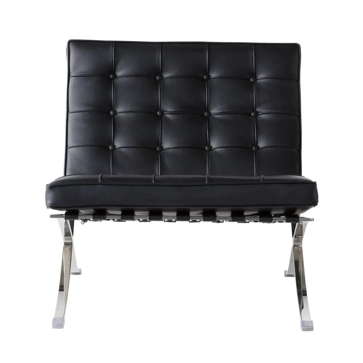 Black foldable lounge chair in Barcelona style with durable construction and non-slip feet, designed for comfortable relaxation.