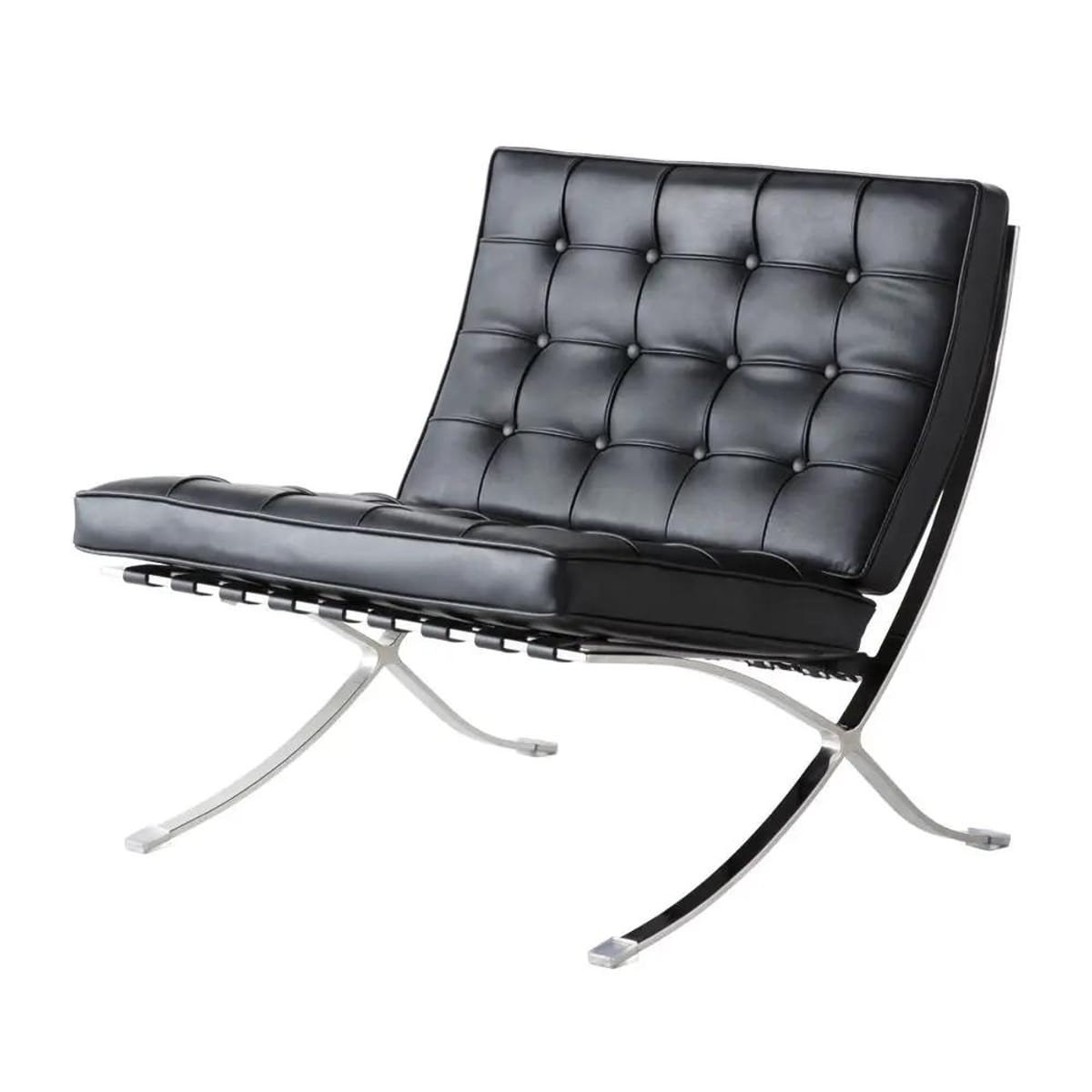 Black foldable lounge chair in Barcelona style with durable frame and non-slip feet, ideal for modern living spaces.