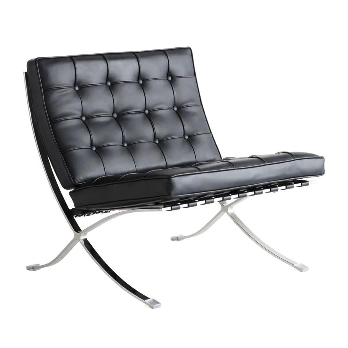 Black foldable lounge chair in Barcelona style with durable frame and non-slip feet, designed for comfortable space-saving seating.