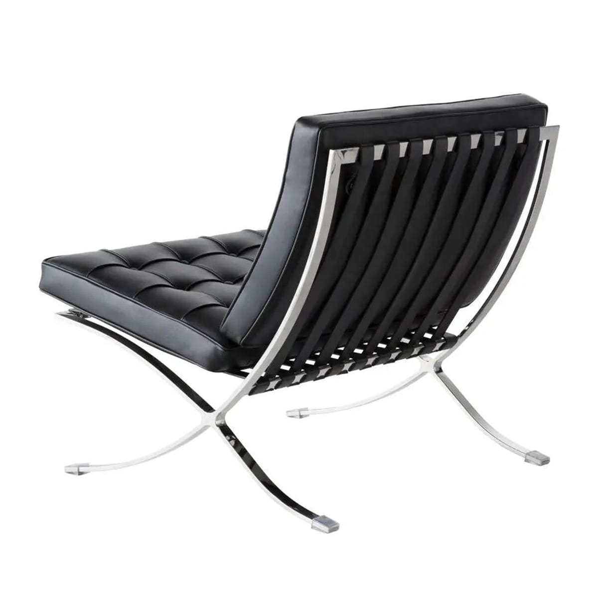 Black foldable lounge chair in Barcelona style with non-slip feet, durable design, ideal for modern office or space relaxation.