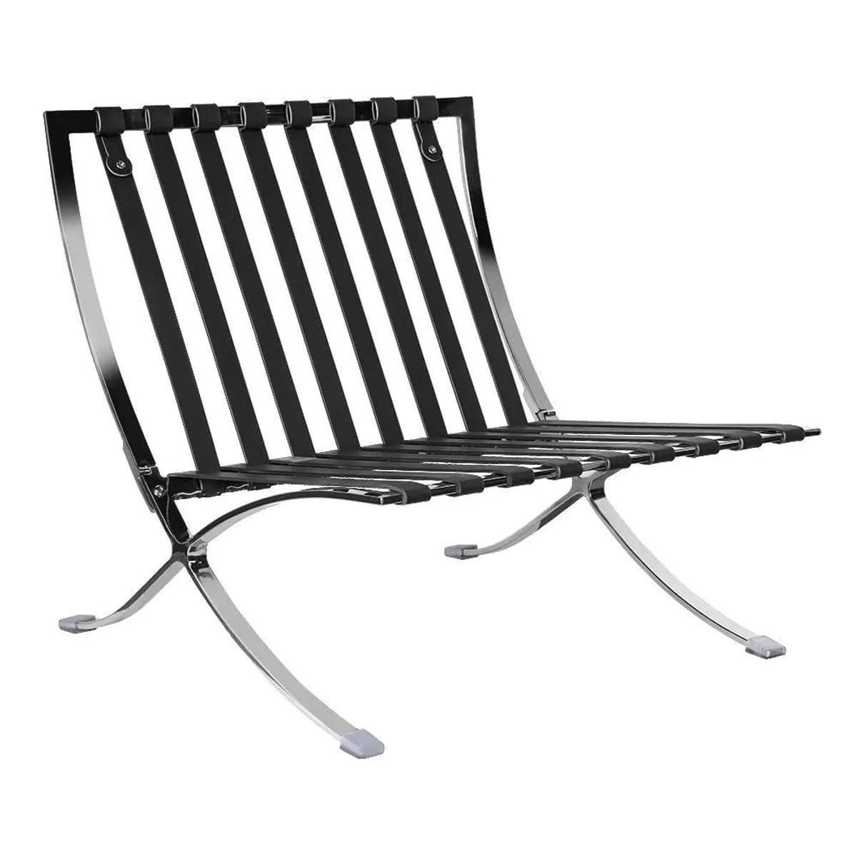 Black foldable lounge chair in Barcelona style with durable frame and non-slip feet, designed for comfortable relaxation.