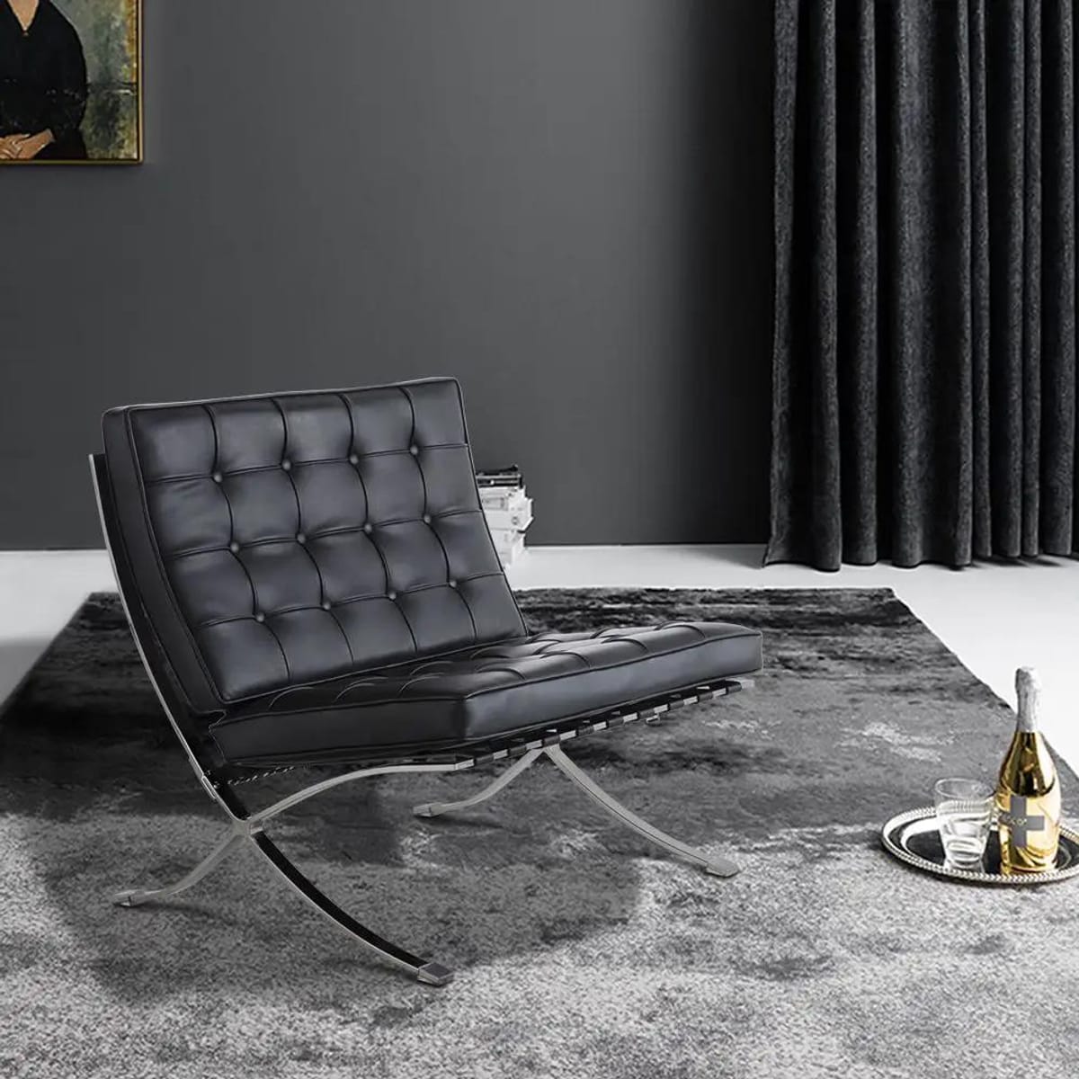 Black foldable lounge chair in Barcelona style with durable frame and non-slip feet, designed for comfortable relaxation.
