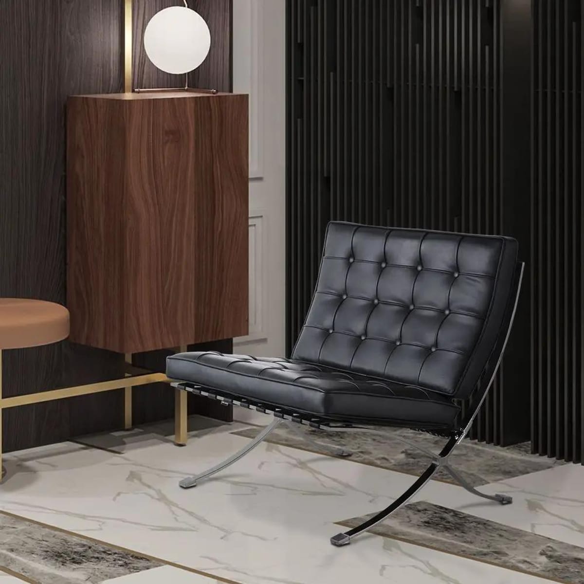 Black foldable lounge chair in Barcelona style with durable frame and non-slip feet, ideal for modern relaxation spaces.