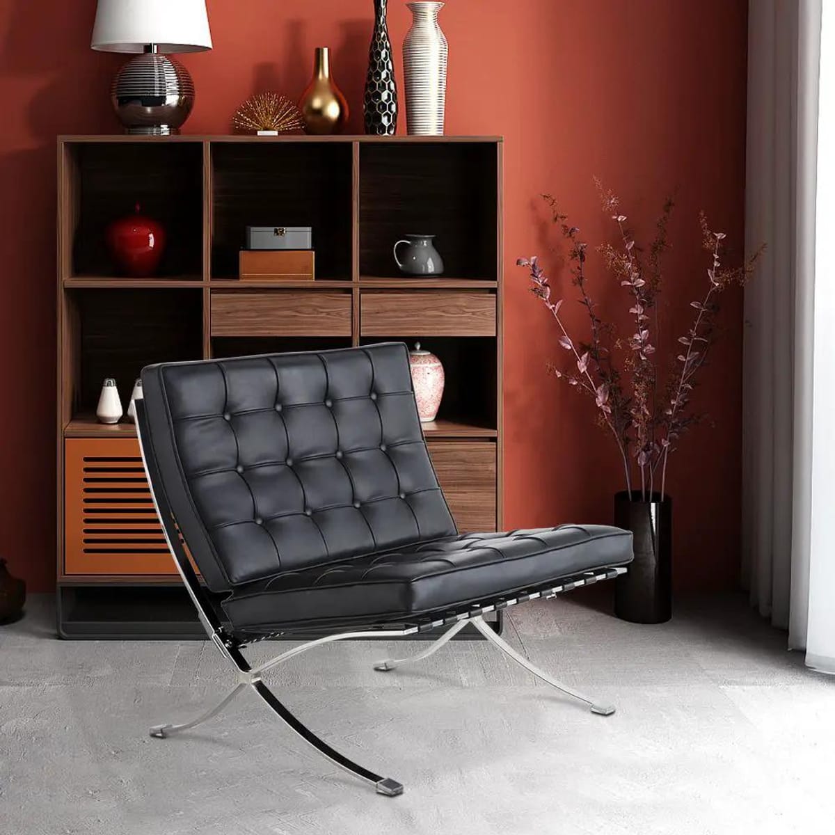 Black foldable lounge chair in Barcelona style by Platinum-Level Office Chairs with durable frame and non-slip feet.