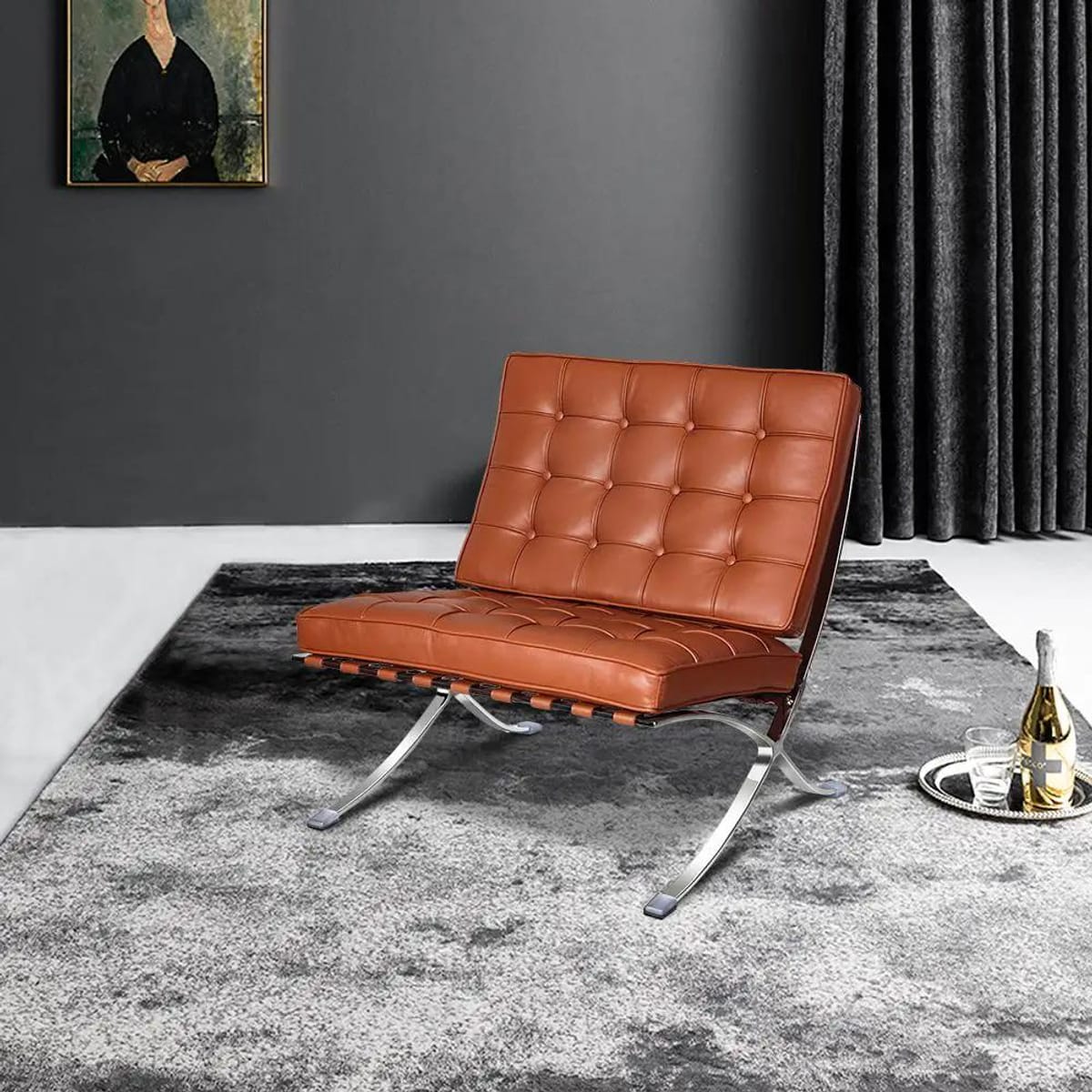 Black foldable lounge chair in Barcelona style with durable frame and non-slip feet, ideal for modern relaxation spaces.