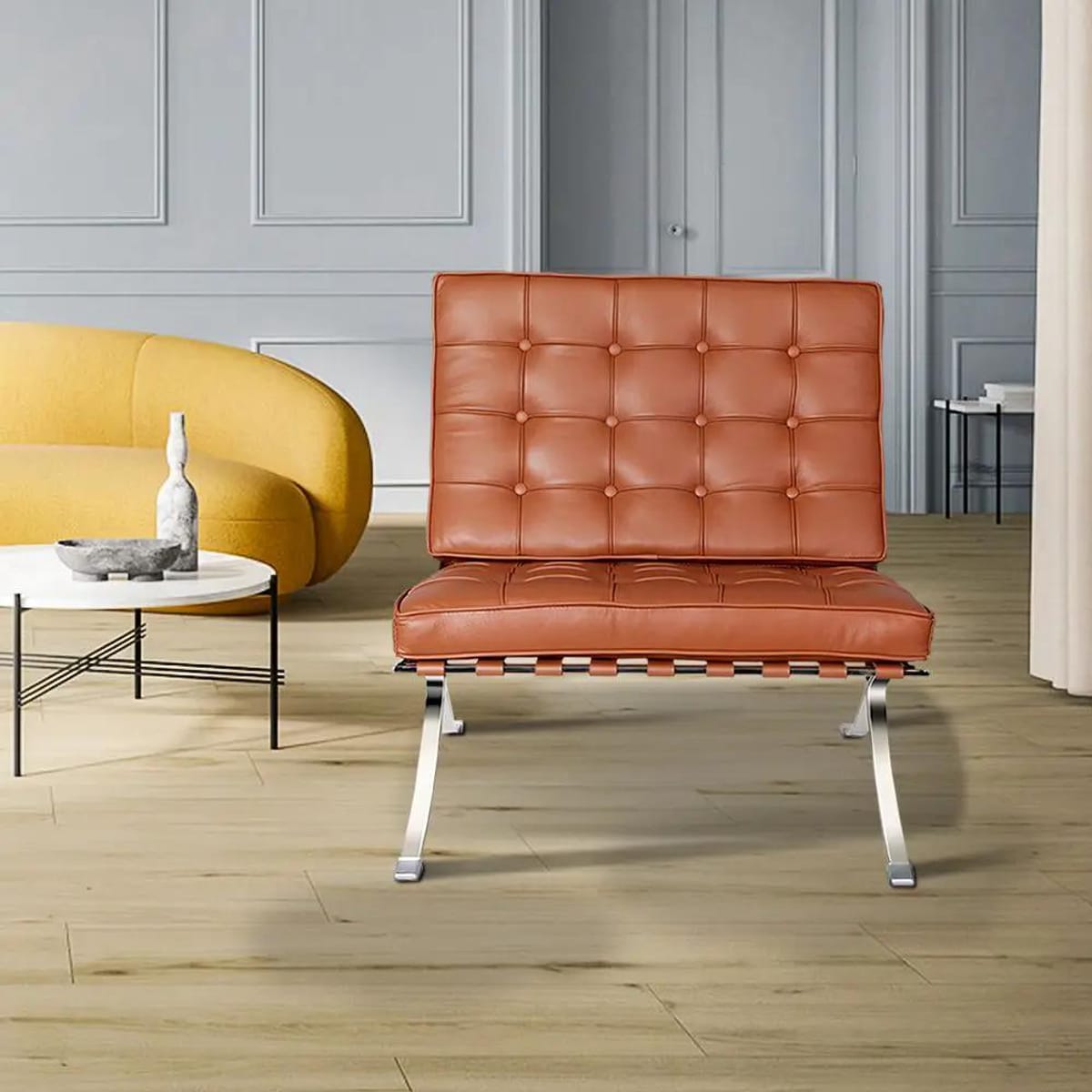 Black foldable lounge chair in Barcelona style with durable frame and non-slip feet, ideal for modern relaxation spaces.