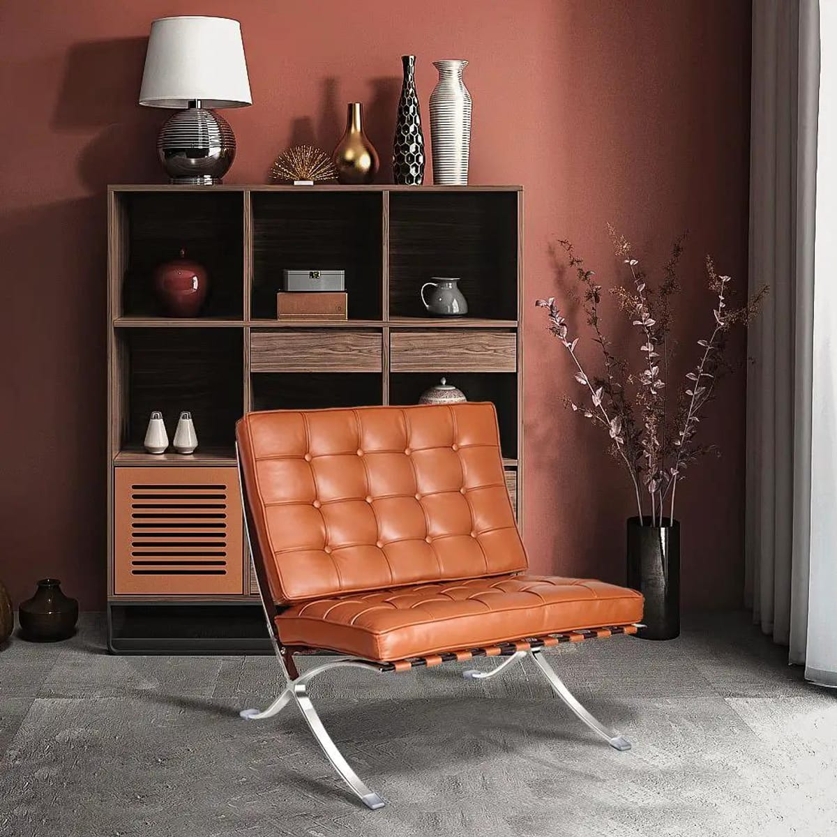 Black foldable lounge chair in Barcelona style with durable frame and non-slip feet, ideal for modern space relaxation.
