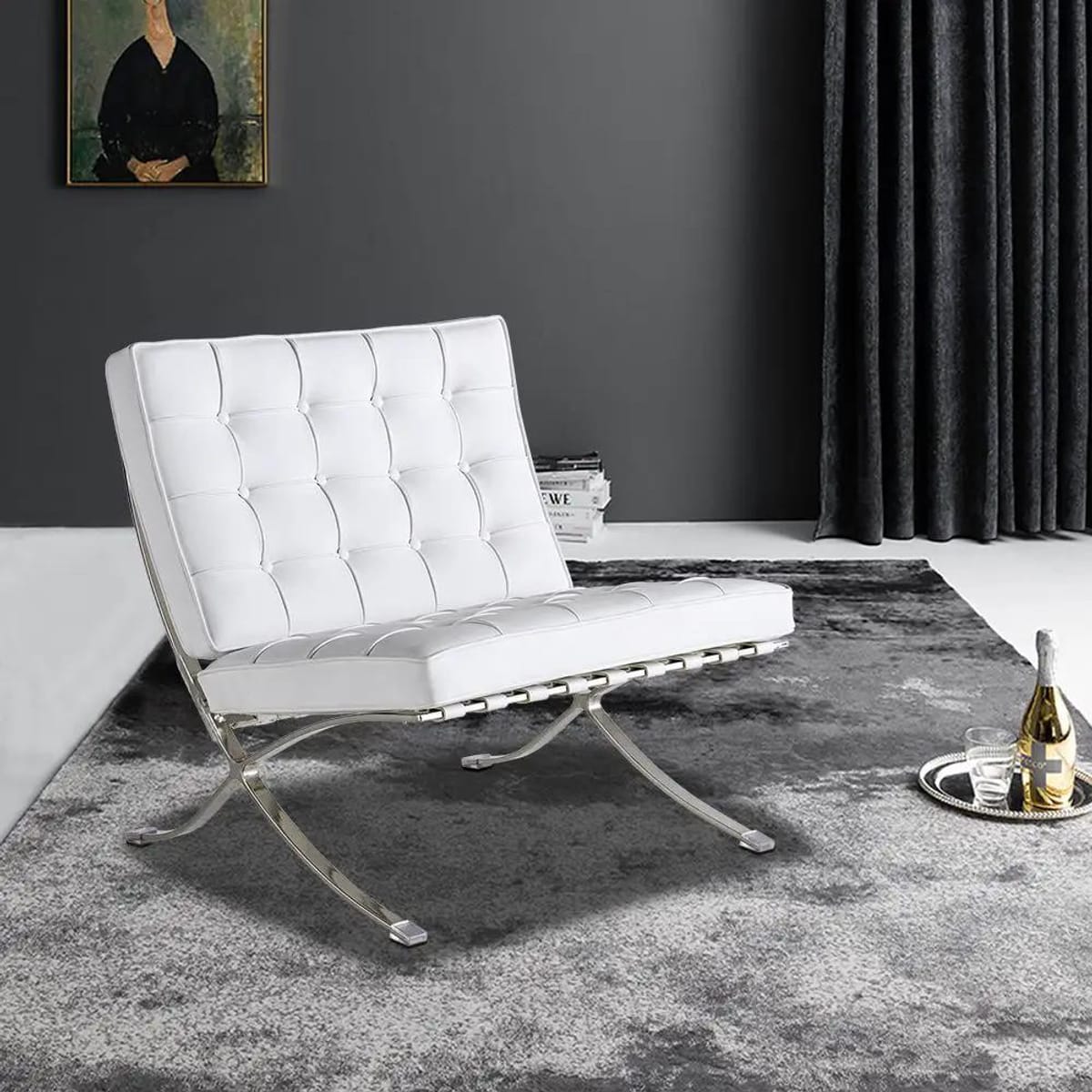 Black foldable lounge chair in Barcelona style with durable frame and non-slip feet, ideal for modern office or home relaxation.