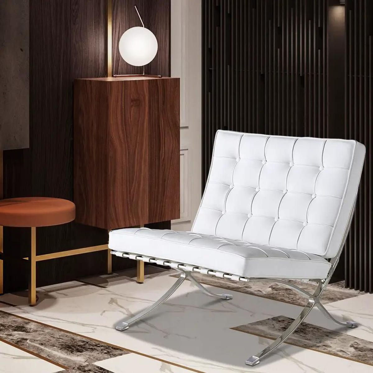 Black foldable lounge chair in Barcelona style with durable frame and non-slip feet, ideal for stylish, space-saving seating.