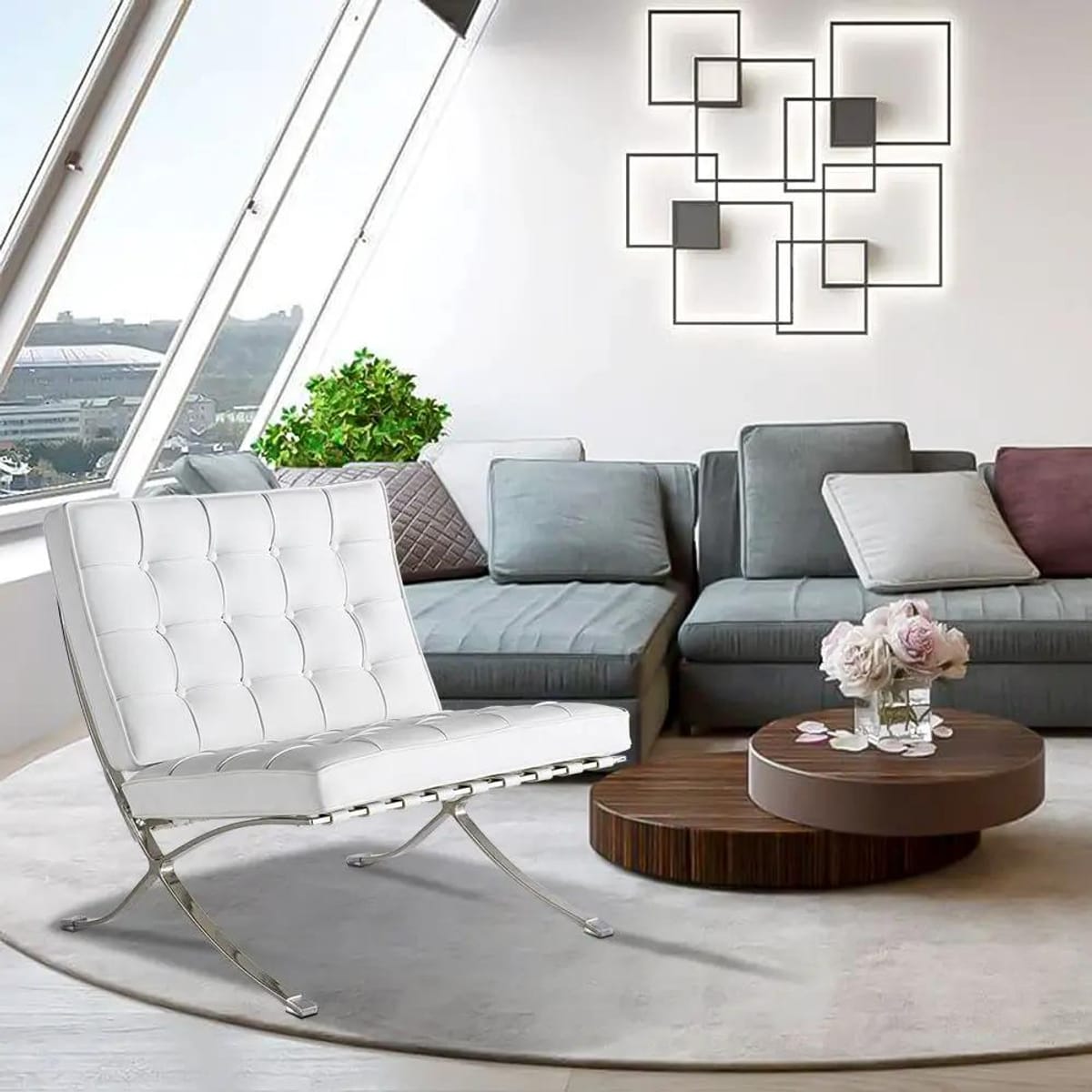 Black foldable lounge chair in Barcelona style with durable build and non-slip feet for comfortable seating.