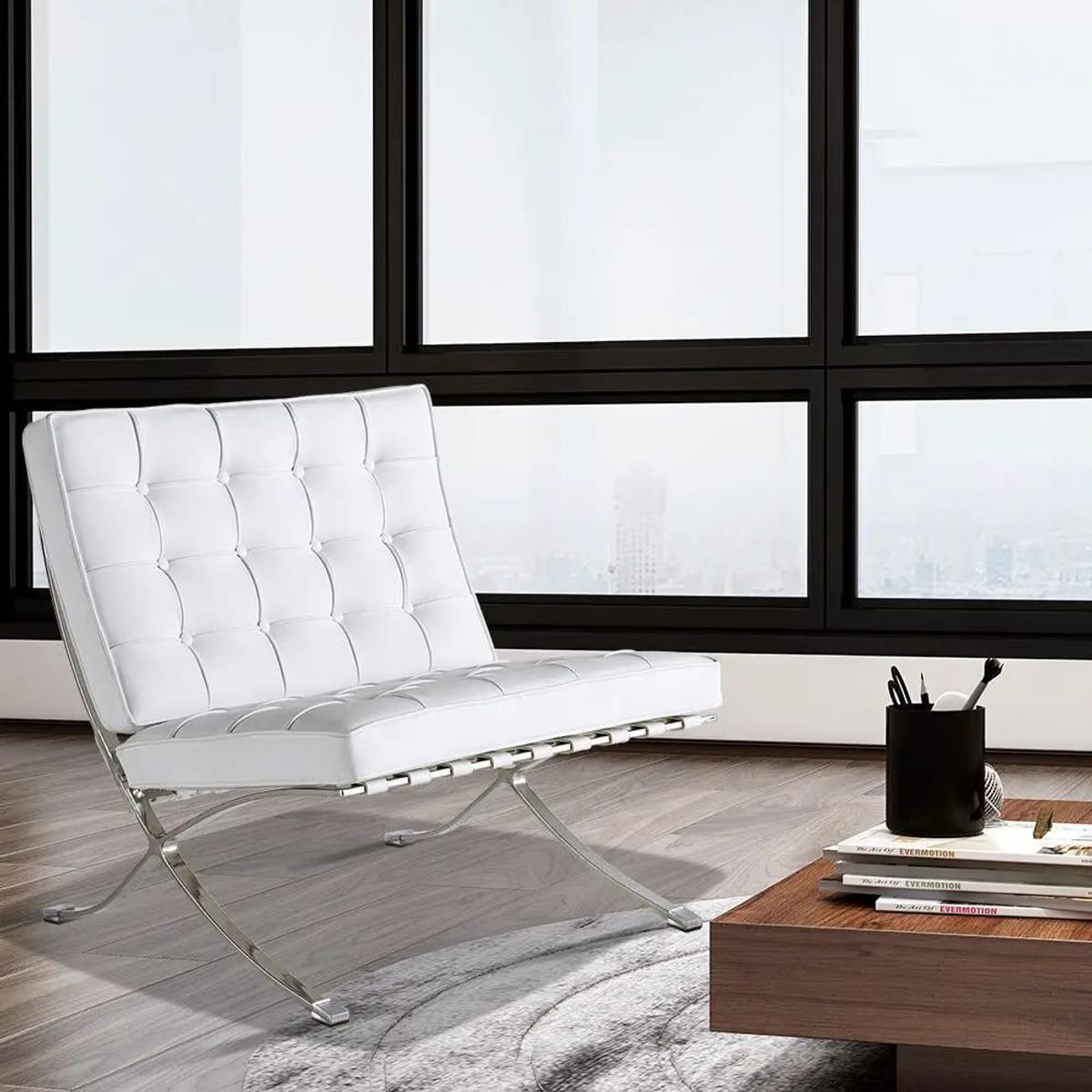 Black foldable lounge chair in Barcelona style with durable construction and non-slip feet, designed for comfortable space-saving seating.