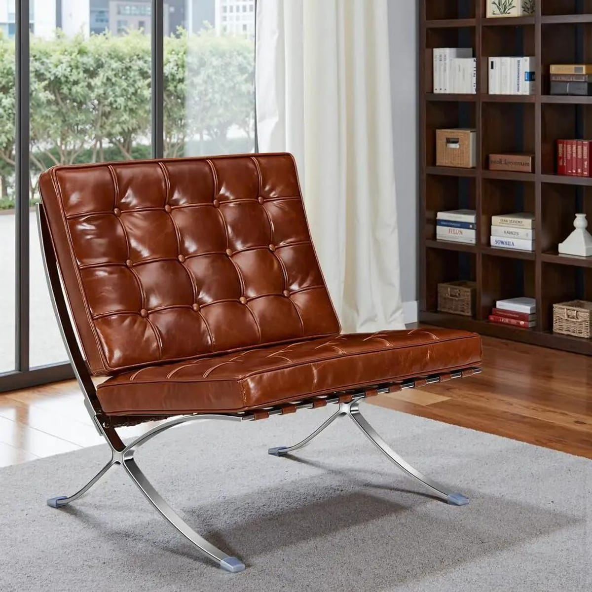 Black foldable lounge chair in Barcelona style by Platinum-Level Office Chairs with durable design and non-slip feet.