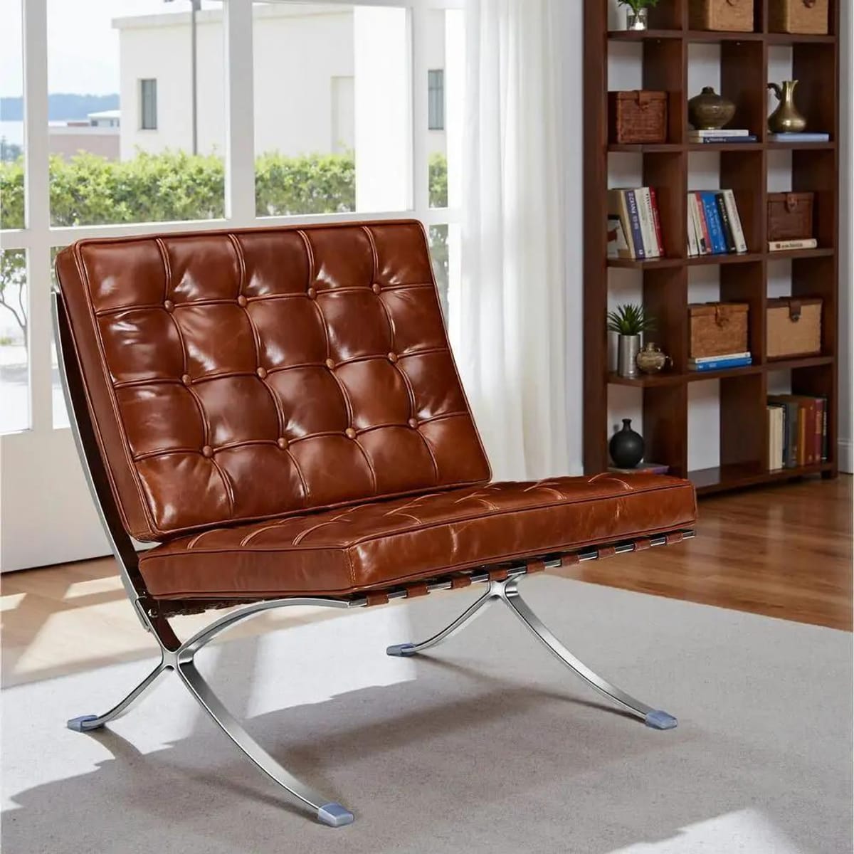 Black foldable lounge chair in Barcelona style with durable frame and non-slip feet, suitable for modern office or home space.