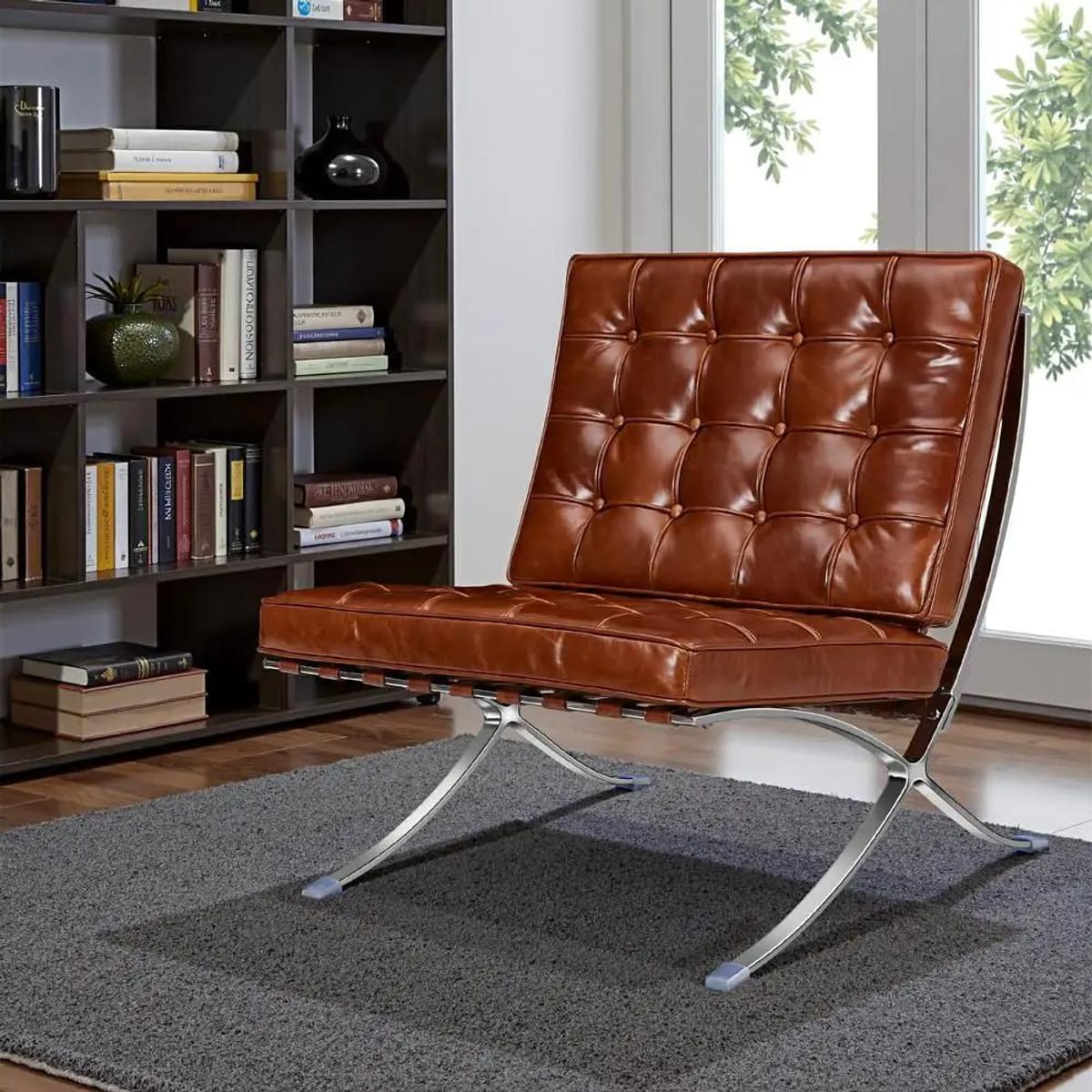 Black foldable lounge chair in Barcelona style with durable frame and non-slip feet, perfect for modern office or lounge spaces.
