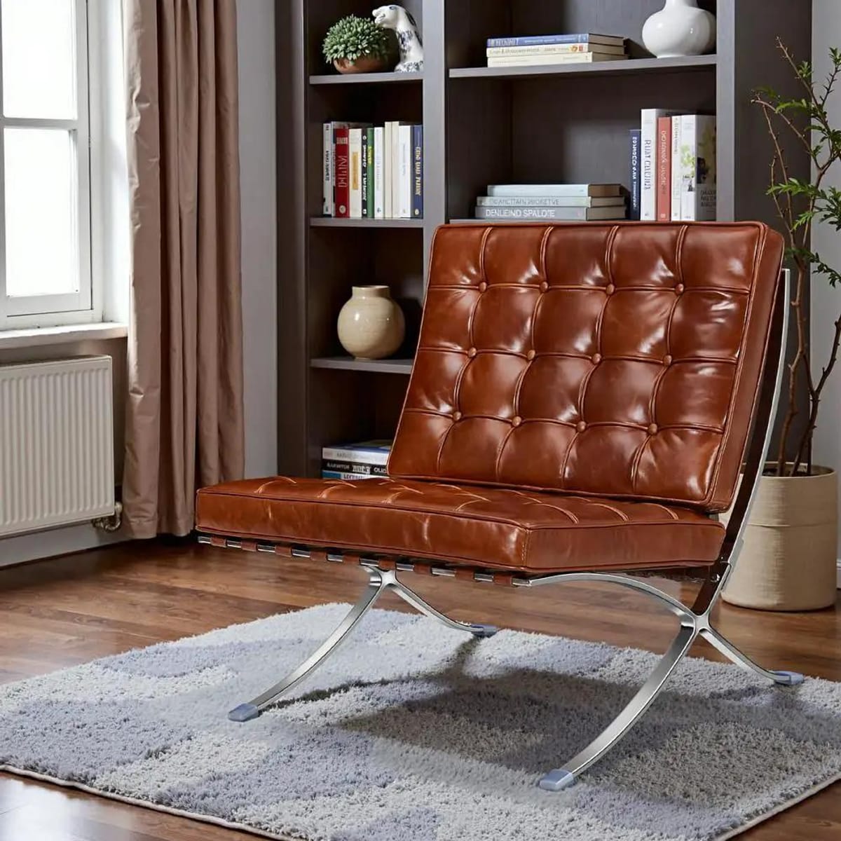 Black foldable lounge chair in Barcelona style with durable frame and non-slip feet, designed for comfortable space-saving seating.