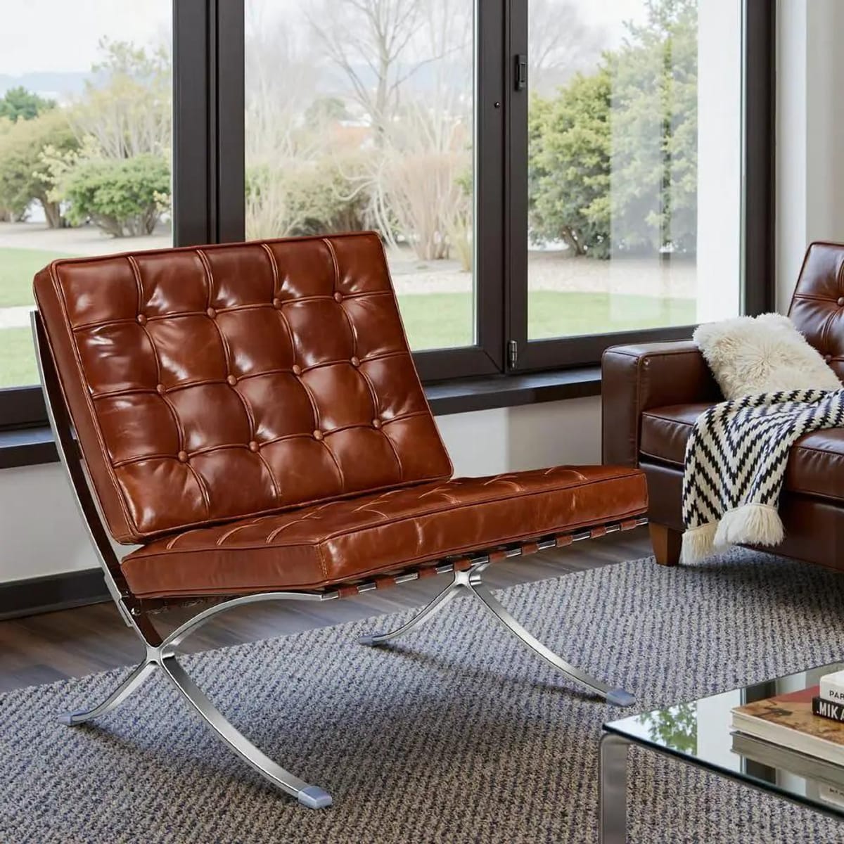 Black foldable lounge chair in Barcelona style with durable frame and non-slip feet, designed for comfort and space-saving use.
