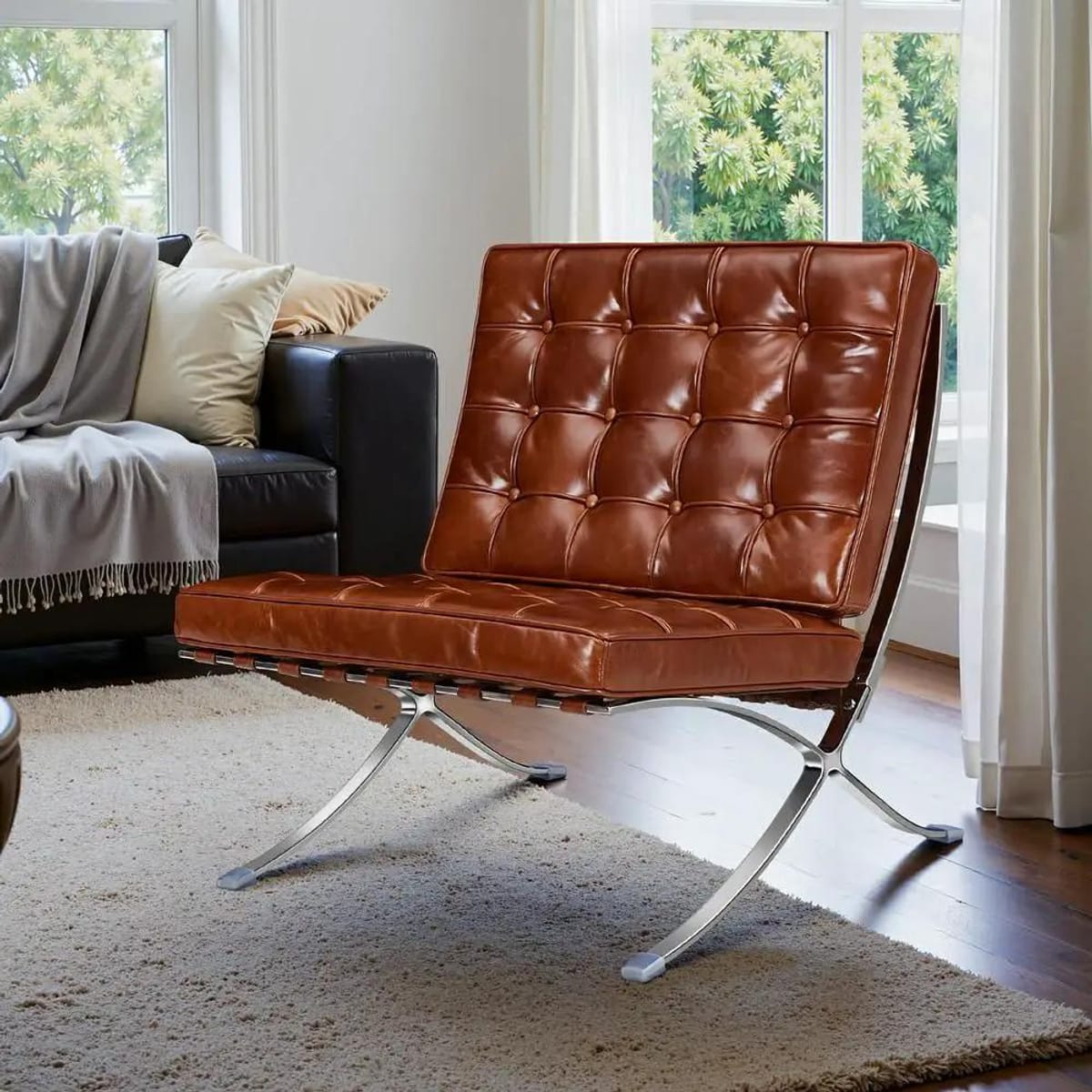 Black foldable lounge chair in Barcelona style with durable frame and non-slip feet, ideal for modern home or office spaces.