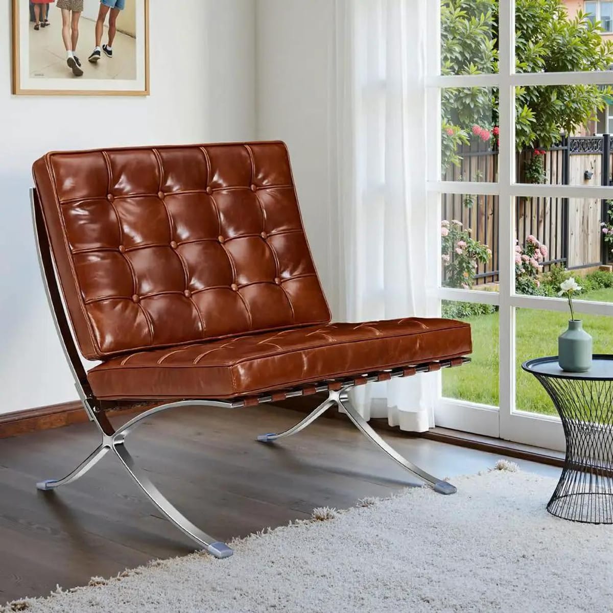 Black foldable lounge chair in Barcelona style with durable frame and non-slip feet, ideal for modern office or lounge spaces.