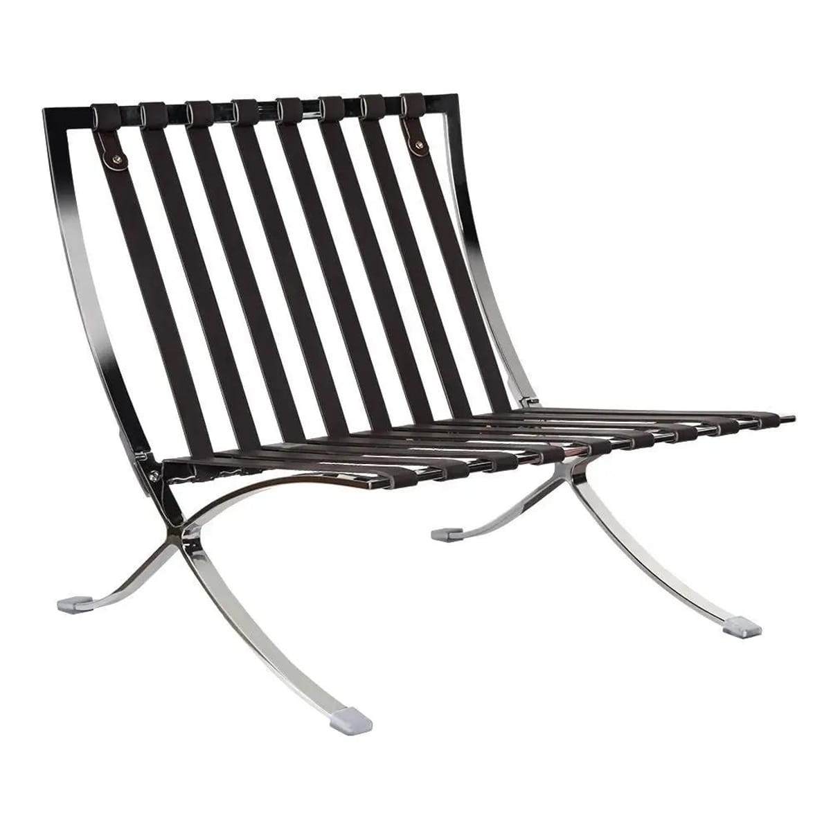 Black foldable lounge chair in Barcelona style with durable frame and non-slip feet, designed for comfort and space-saving use.