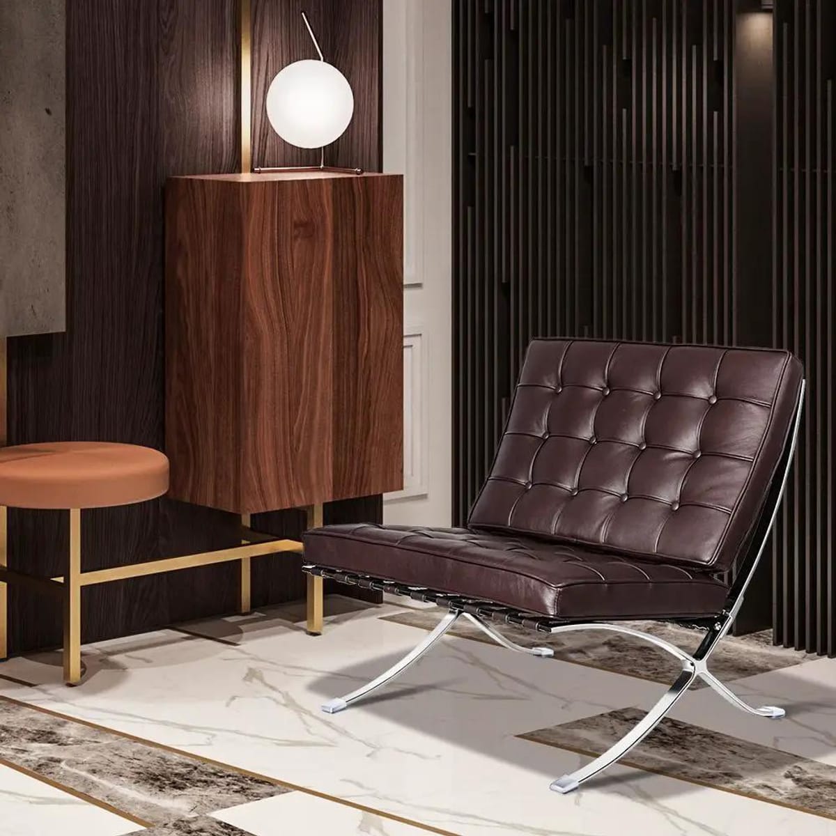 Black foldable lounge chair in Barcelona style with durable frame and non-slip feet, designed for comfortable relaxation.