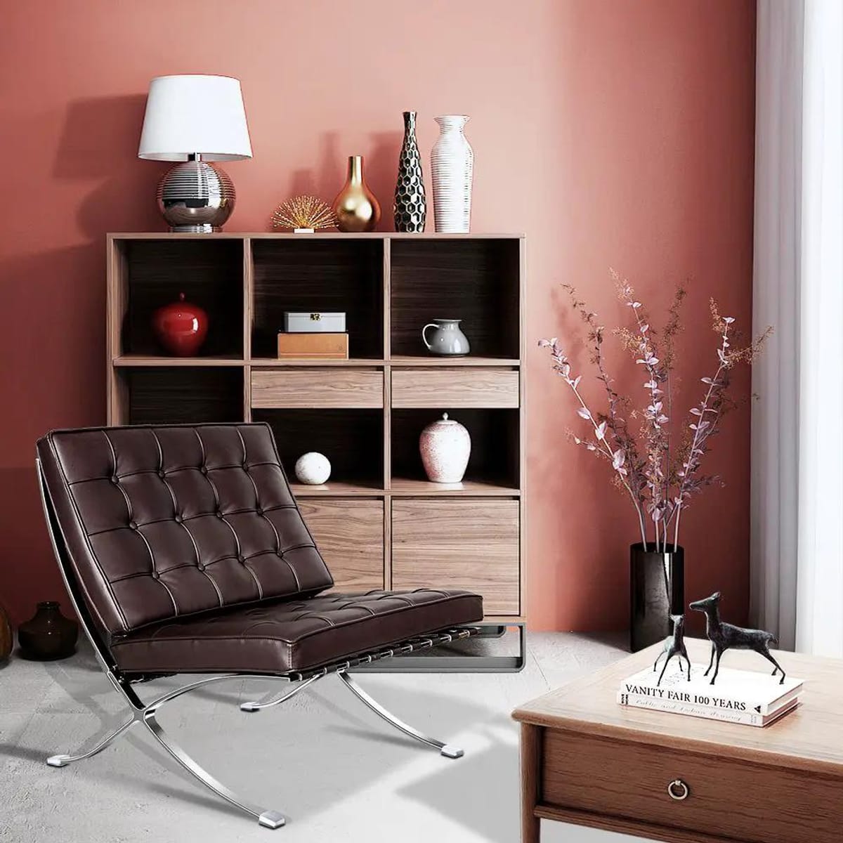 Black foldable lounge chair in Barcelona style with durable frame and non-slip feet, designed for comfortable space-saving seating.