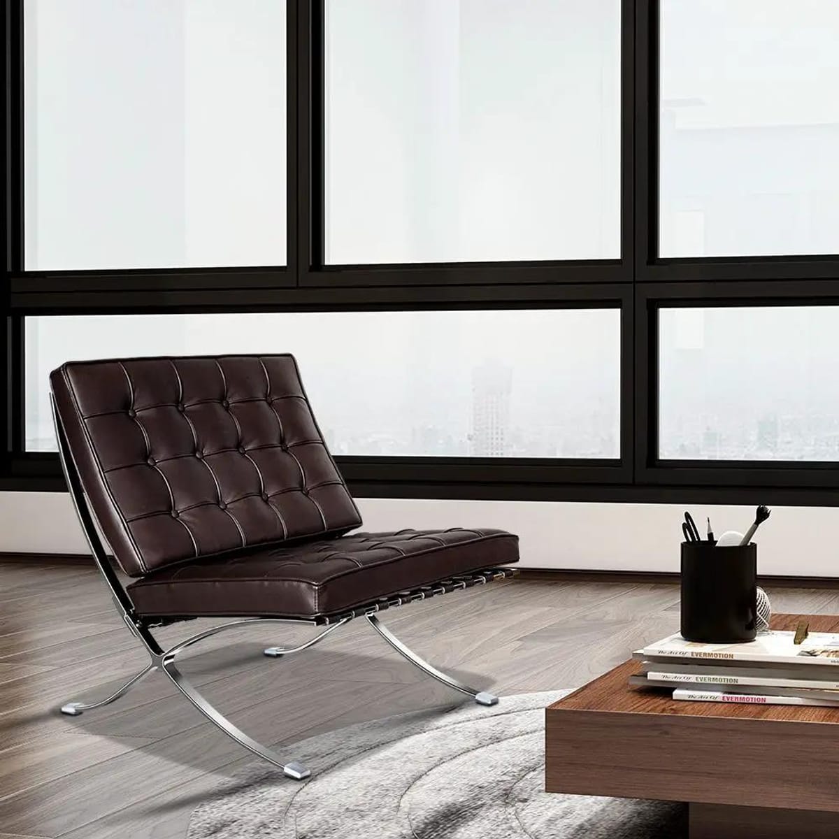 Black foldable lounge chair in Barcelona style with durable frame and non-slip feet, ideal for modern relaxation spaces.