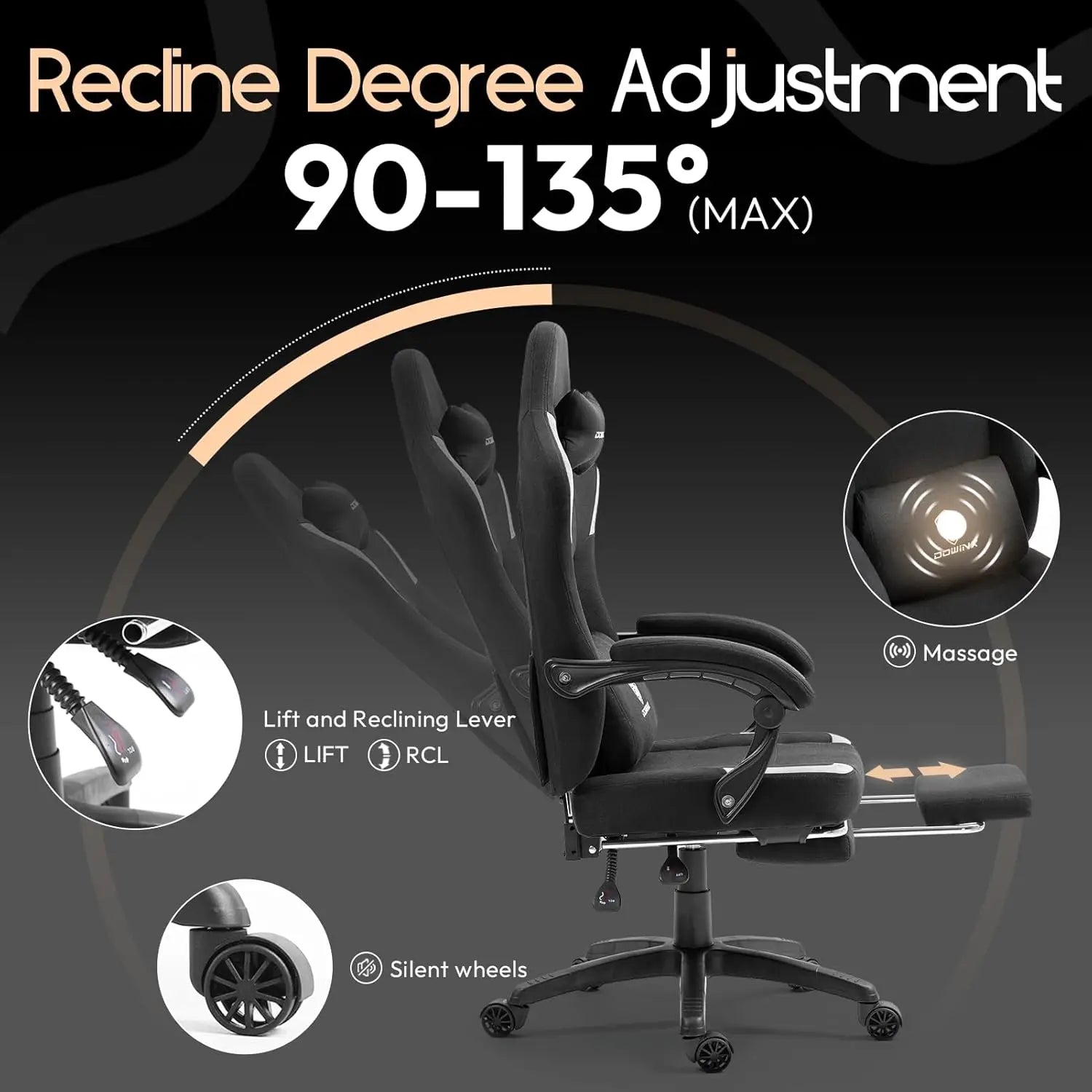 Dowinx Fabric Gaming Chair with Massage Lumbar Support and Footrest - Platinum-Level Office Chairs