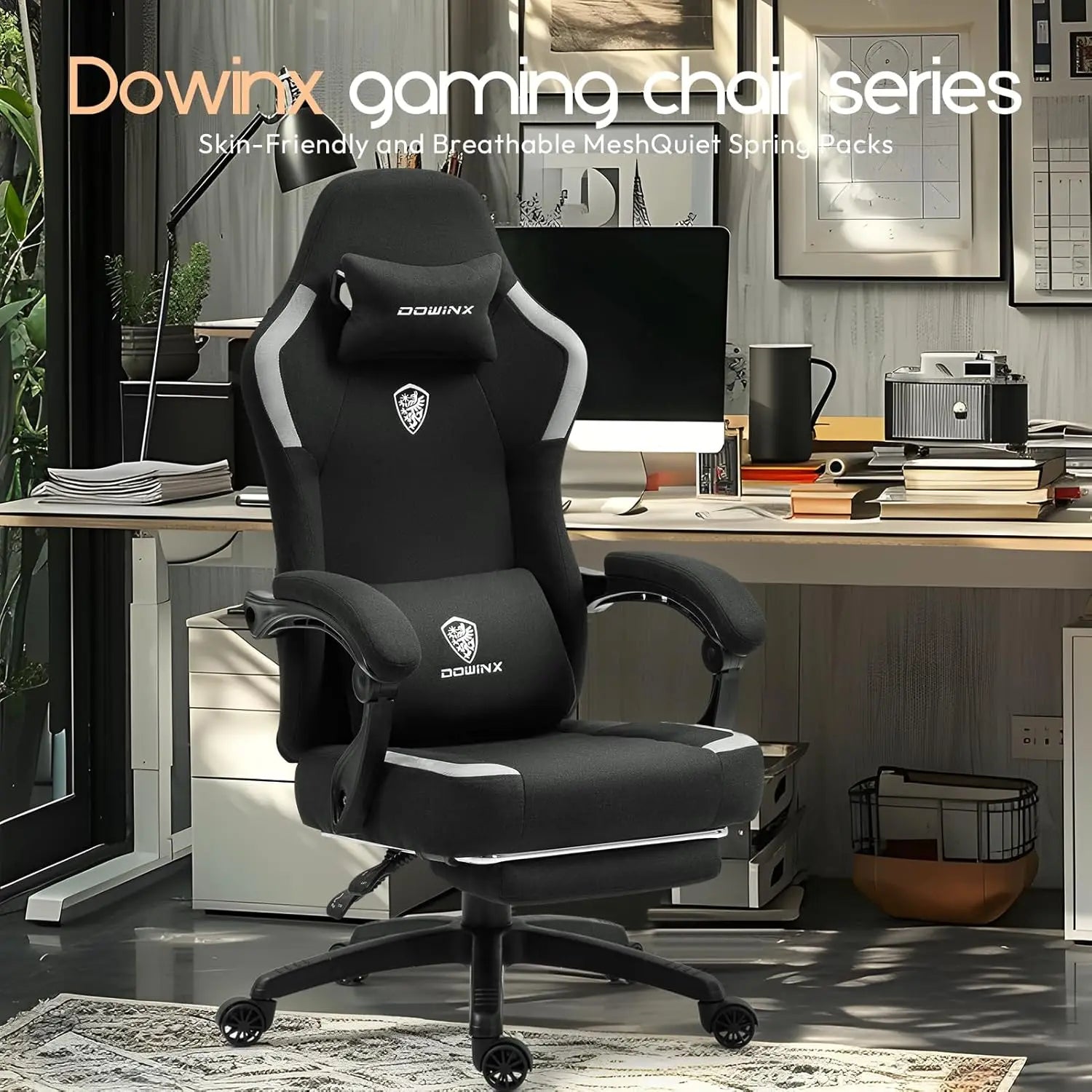 Dowinx Fabric Gaming Chair with Massage Lumbar Support and Footrest - Platinum-Level Office Chairs