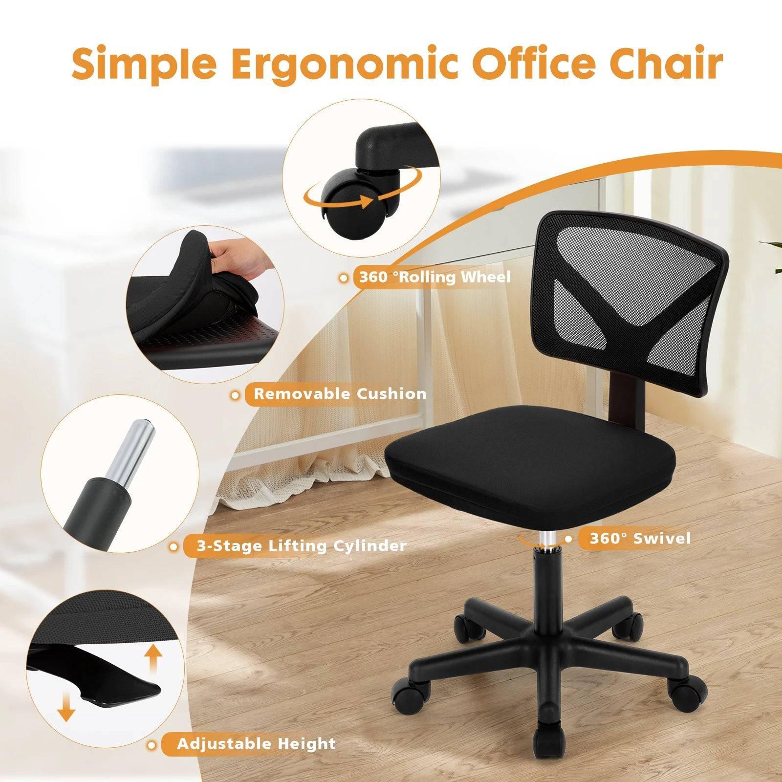 JHK Adjustable Armless Office Chair with Lumbar Support - Low Back Mesh Design, 360° Swivel & Rolling Wheels - Platinum-Level Office Chairs