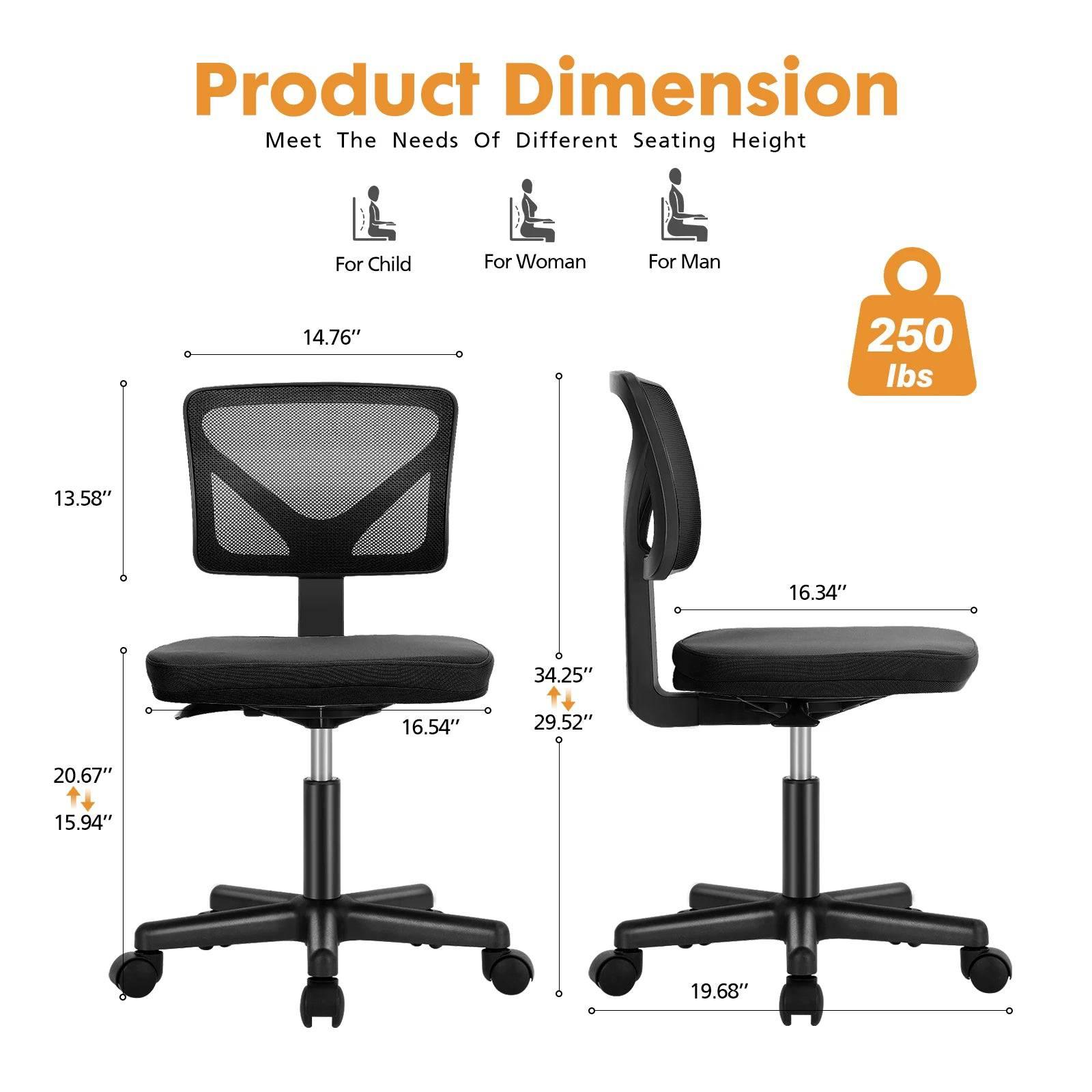 JHK Adjustable Armless Office Chair with Lumbar Support - Low Back Mesh Design, 360° Swivel & Rolling Wheels - Platinum-Level Office Chairs