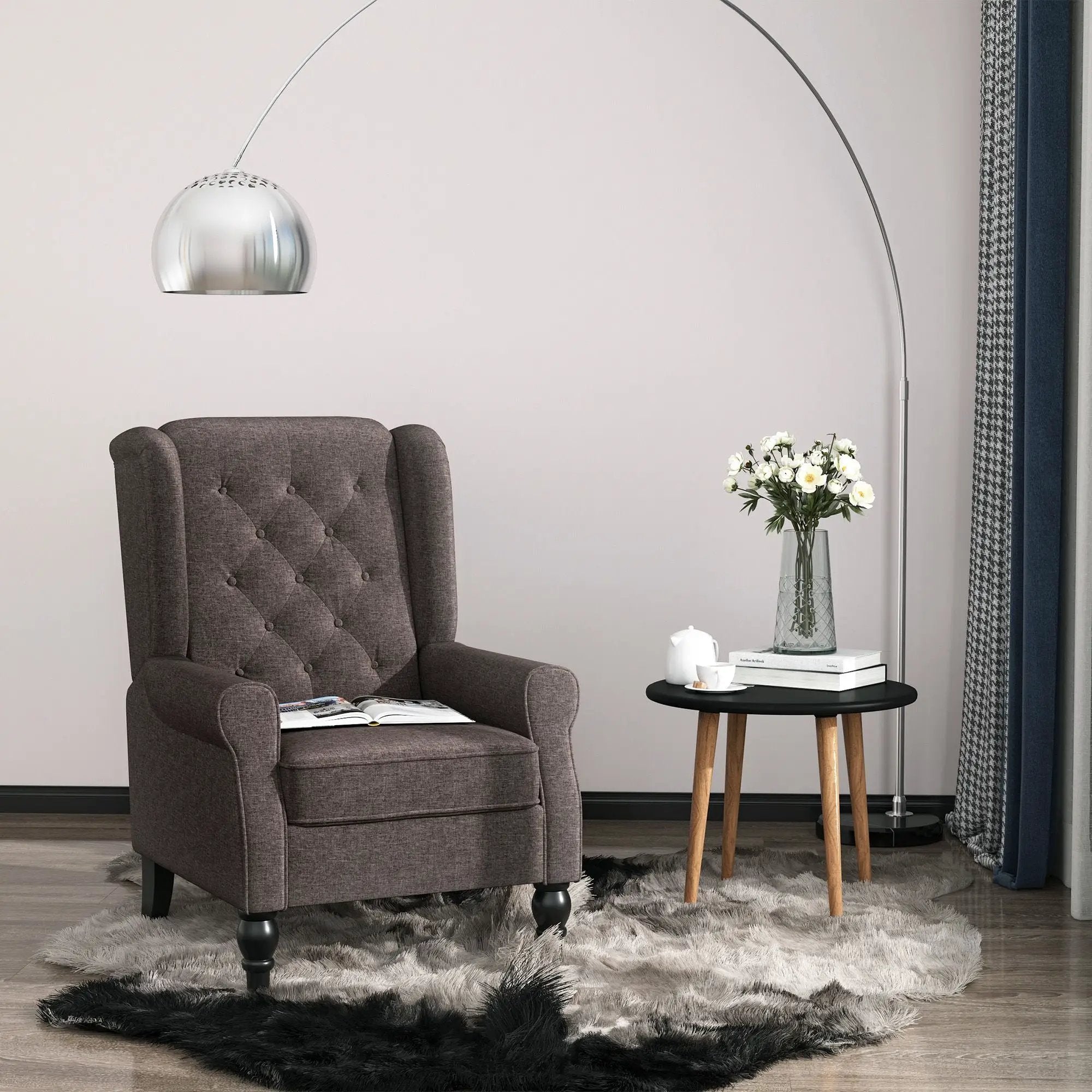 Dark brown button-tufted accent chair with round armrests by Platinum-Level Office Chairs, showcasing elegant upholstery and stylish design.