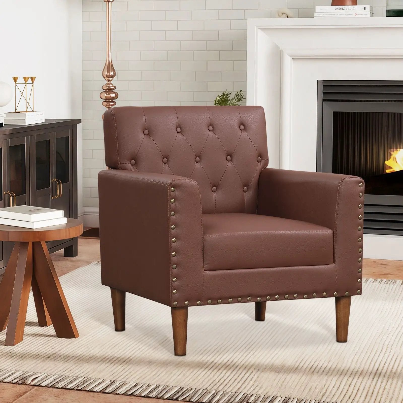Brown mid-century modern button-tufted accent chair with rivet details from Platinum-Level Office Chairs.
