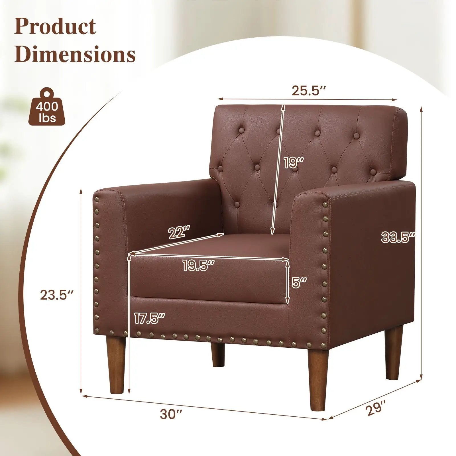 Brown mid-century modern button tufted accent chair with rivet details from Platinum-Level Office Chairs, showcasing a stylish and comfortable design.