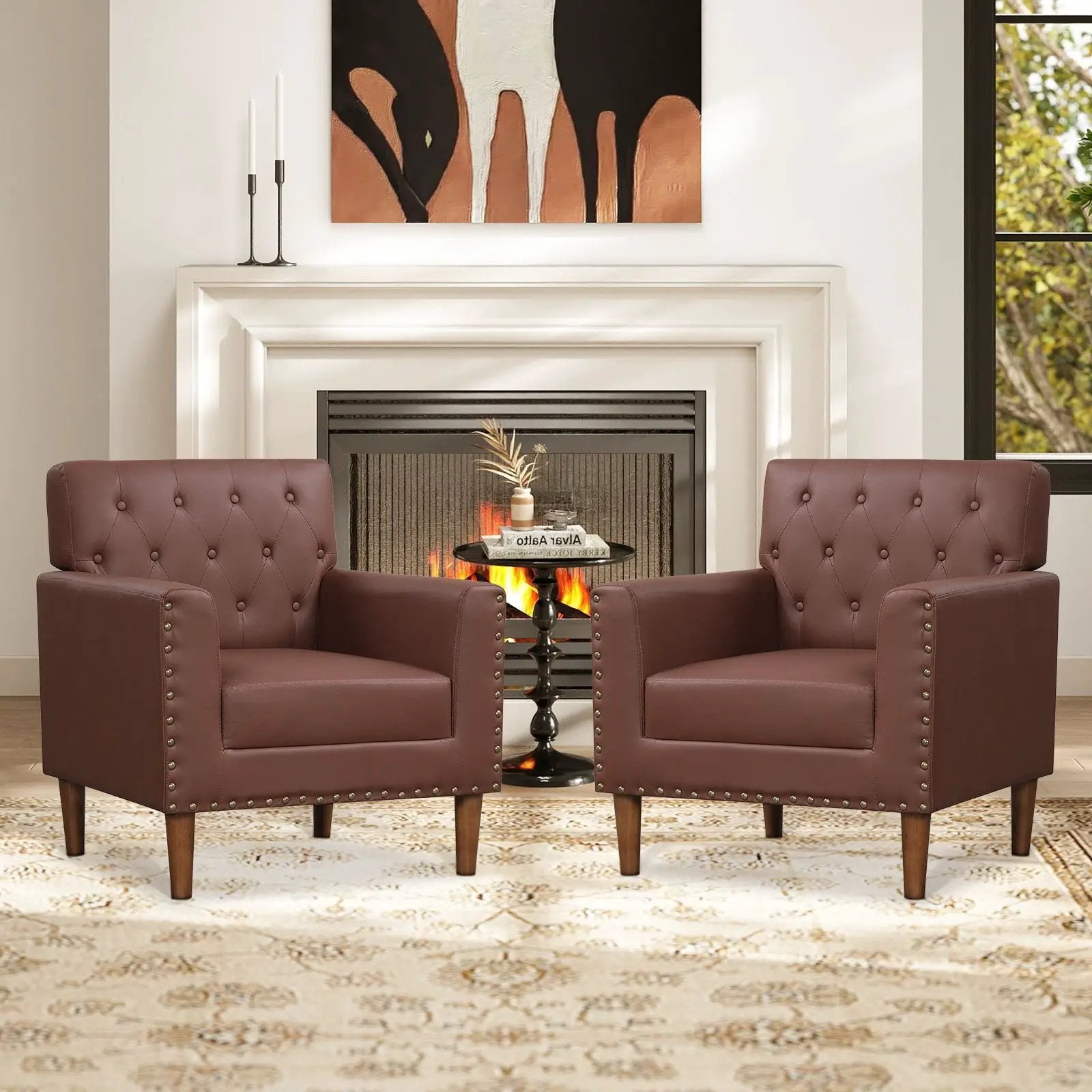 Brown mid-century modern button tufted accent chair with rivet details from Platinum-Level Office Chairs, showcasing stylish upholstery and design.