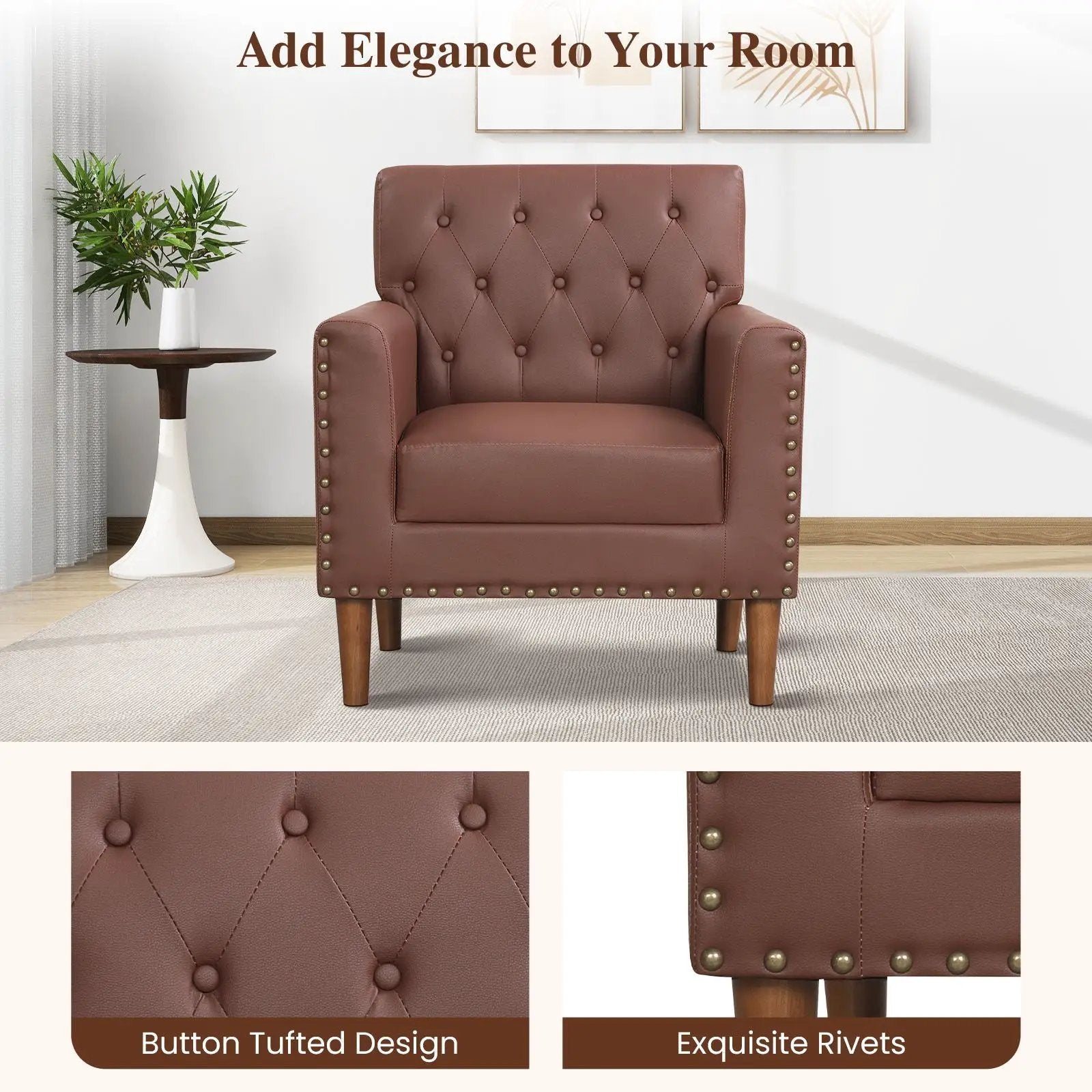 Brown mid-century modern button-tufted accent chair with rivet details, by Platinum-Level Office Chairs, showcasing stylish upholstery and design.
